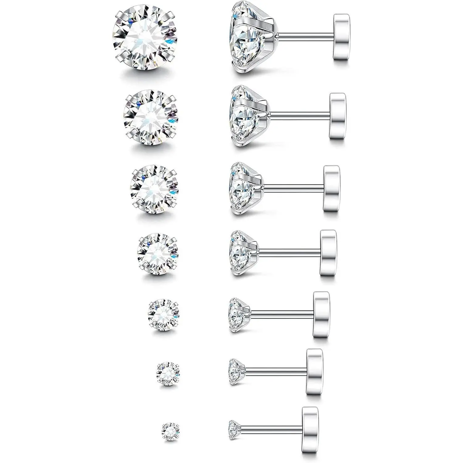 Fansilver 20G Hypoallergenic Flat Back Earrings for Women Men Silver 14K Gold Stainless Steel Stud Earrings Birthstone Cubic Zirconia Studs Surgical Steel Cartilage Earrings for Sensitive Ears