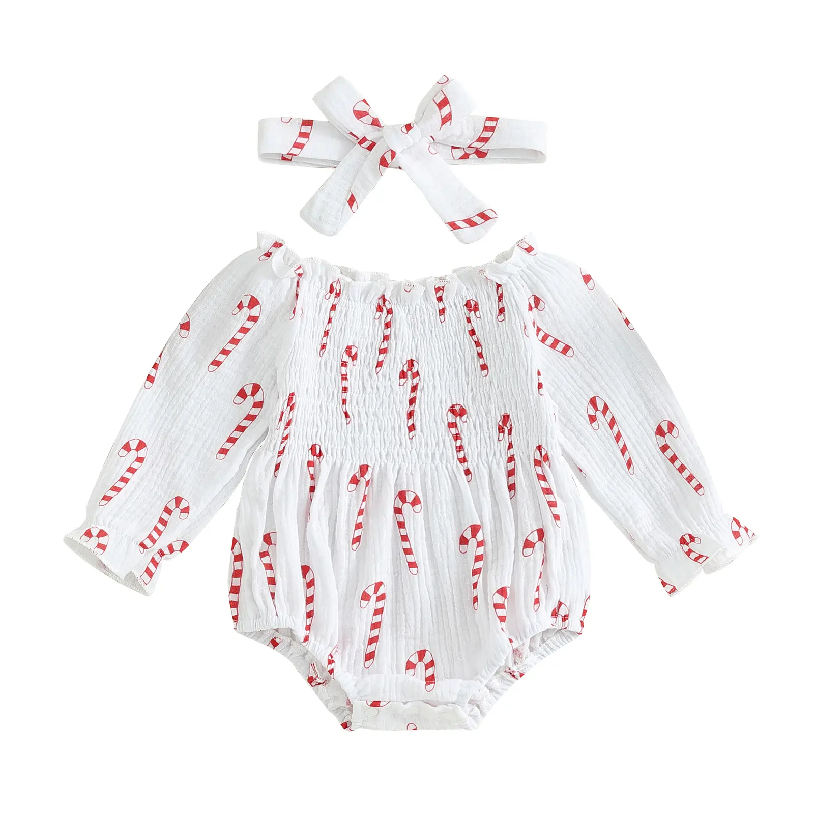Ma&Baby Baby Girl Christmas Outfit Candy Cane Bubble Romper Ruched Long Sleeve Bodysuit 0-18M with Headband