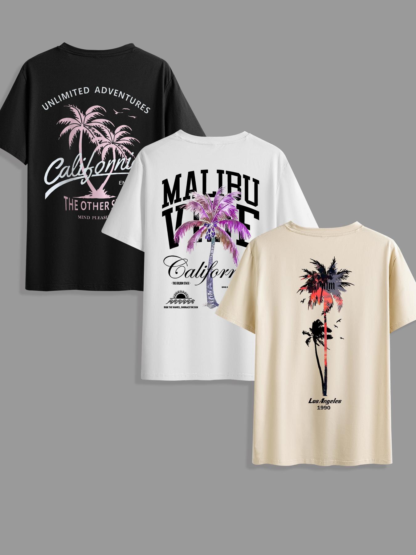Men's Classic Versatile Letter Tropical Coconut Tree Streetwear T-Shirt 3-Piece Set, Summer Round Neck Short Sleeve Casual Tops for Outdoor Wear, Casual Letters Print, Casual Street Fashion