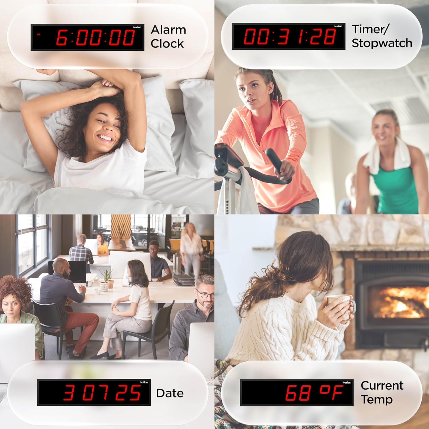 24" Large Digital LED Clock | Big Digital Clock w/Multi-Function Display - Stopwatch, Timer, Alarms, Temp & Date | 6 Brightness Levels, Time Memory & Remote (Red)