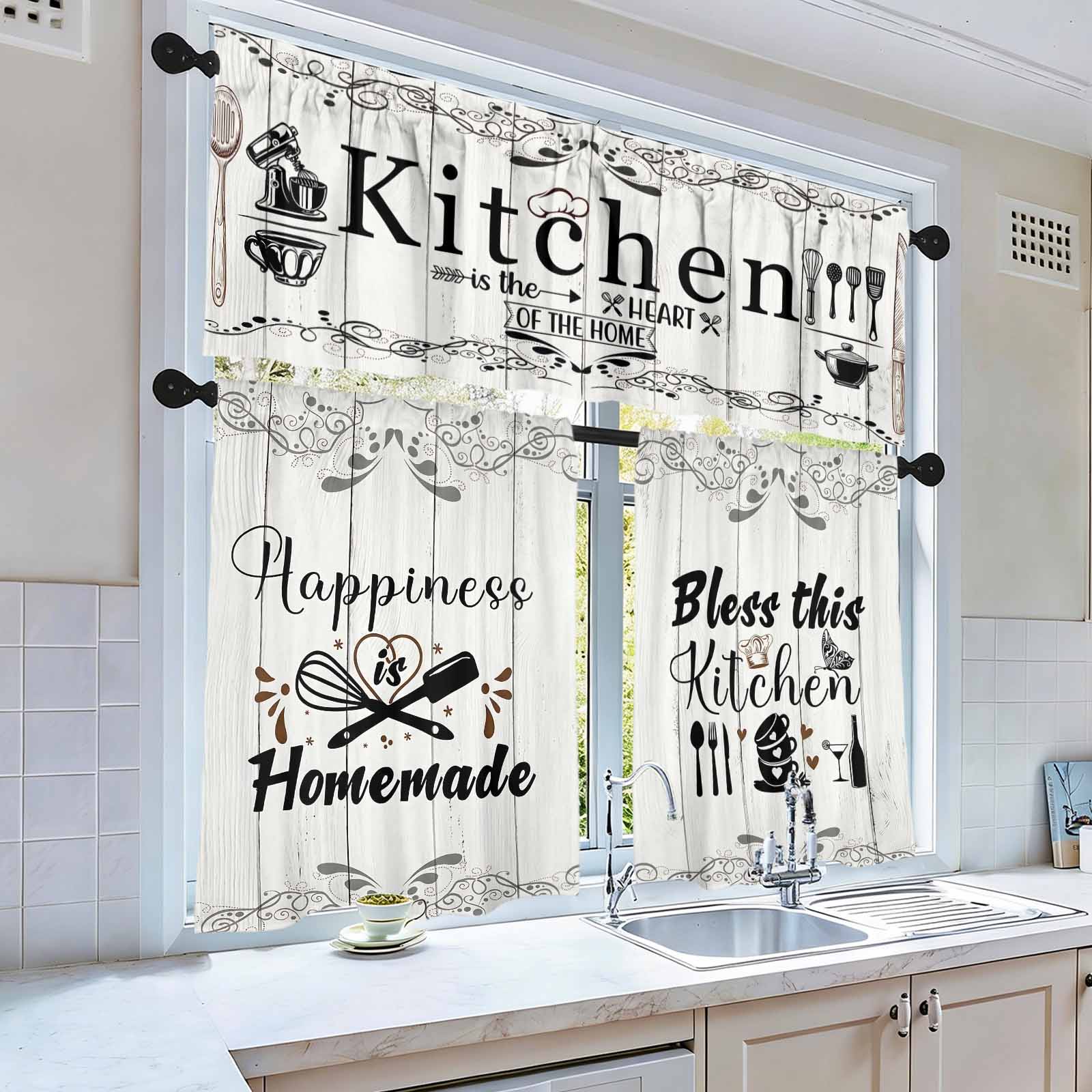 SoftHaven Home Made in USA Vintage Rustic Farmhouse 3-Piece Kitchen Curtains & Valances Set, Elegant Country Style Rod Pocket Window Drapes, Reusable Washable Polyester Home Decor for Kitchen Windows