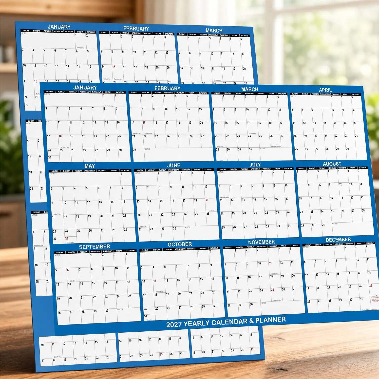 24" x 36" 2027 Wall Calendar Erasable Large Wet & Dry Erase Laminated 12 Month Annual Yearly Wall Planner, Reversible, Horizontal/Vertical, Dark Blue