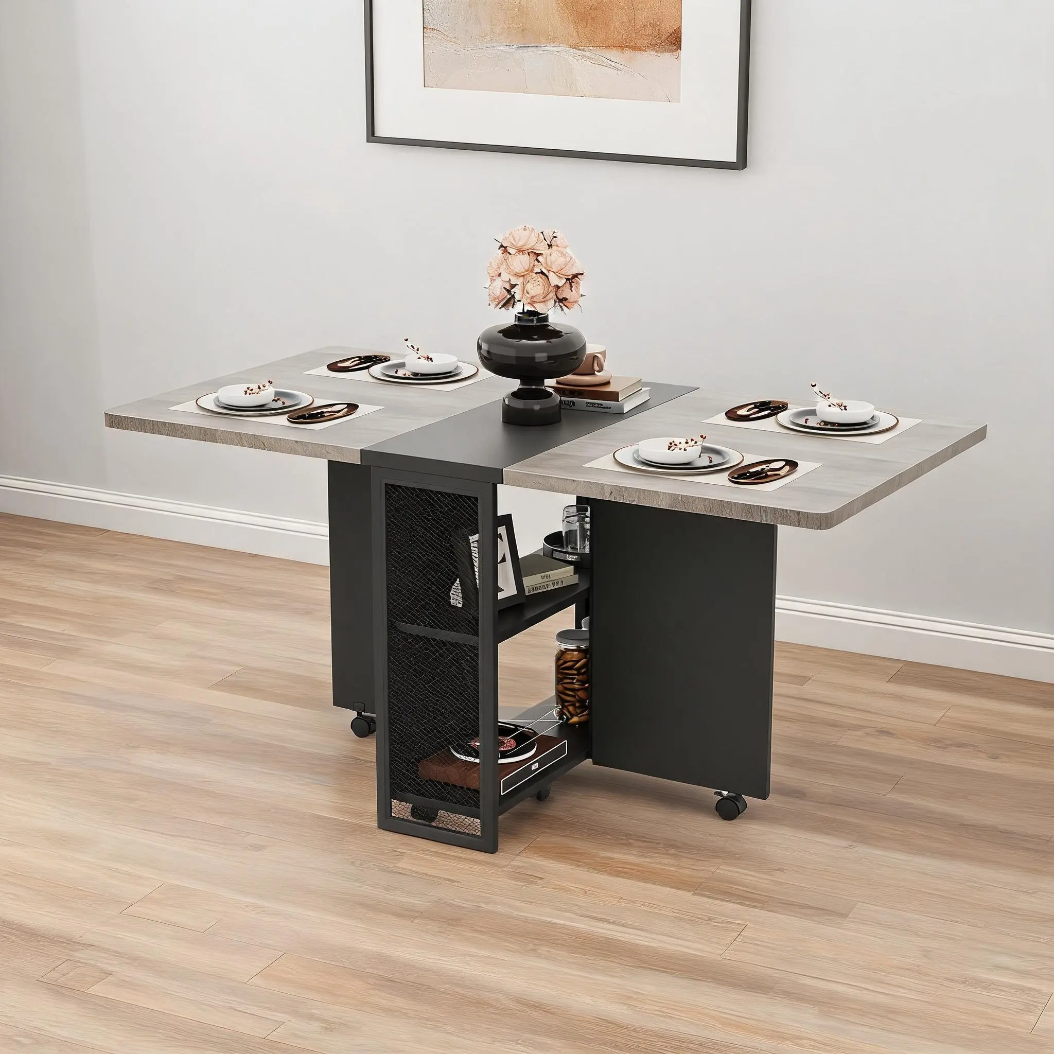 Space Saving Folding Dining Table, Drop Leaf Table for Small Space, Foldable Kitchen Table with 6 Wheels and 2 Layer Storage Shelves, Extendable Dining Table for Dining Room, Apartment, Grey
