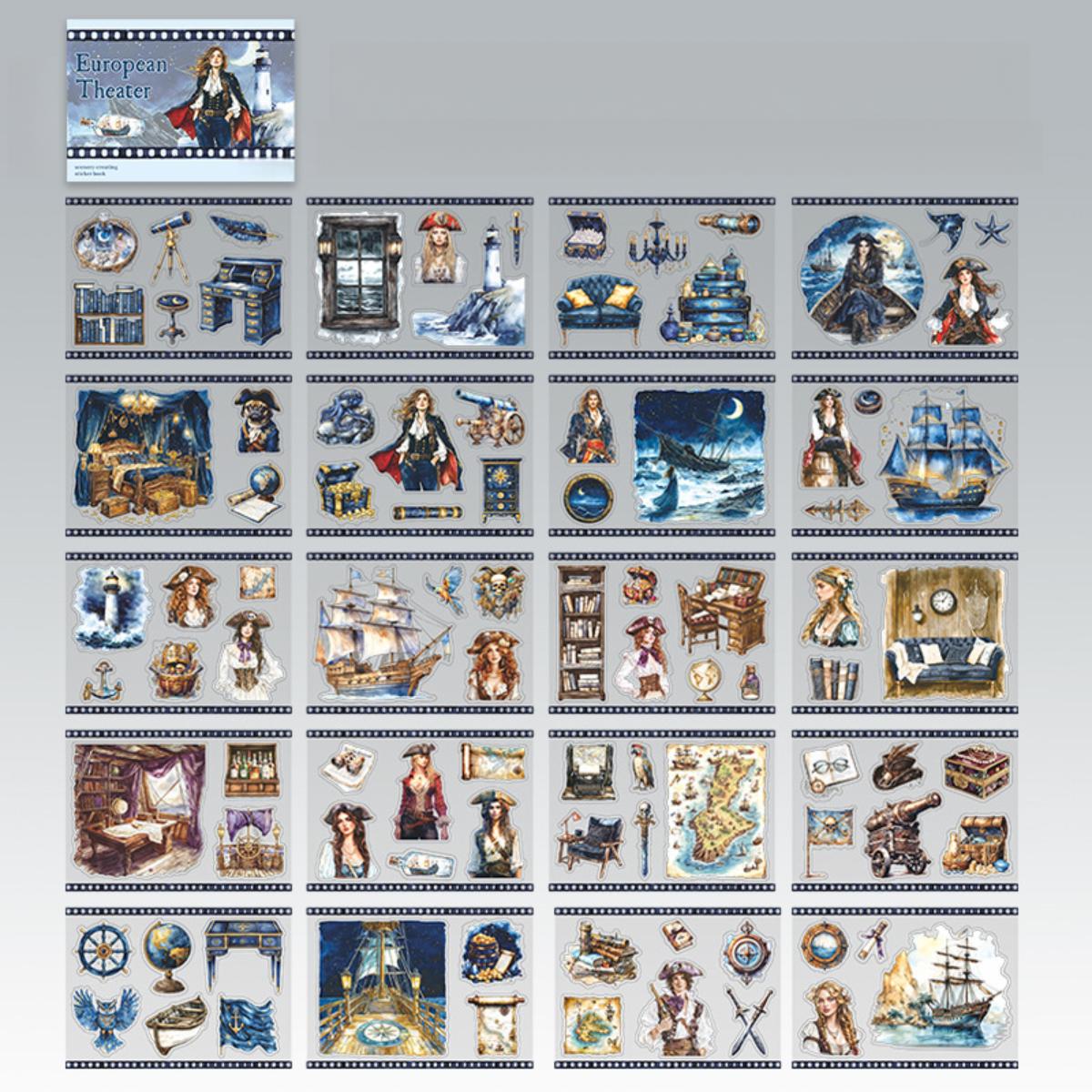 4 designs, 1 pack 20 vintage stickers with detective, ball, cowboy, nautical themes, minimalist style, PET waterproof material, self adhesive DIY planner decoration scrapbook sticker pack