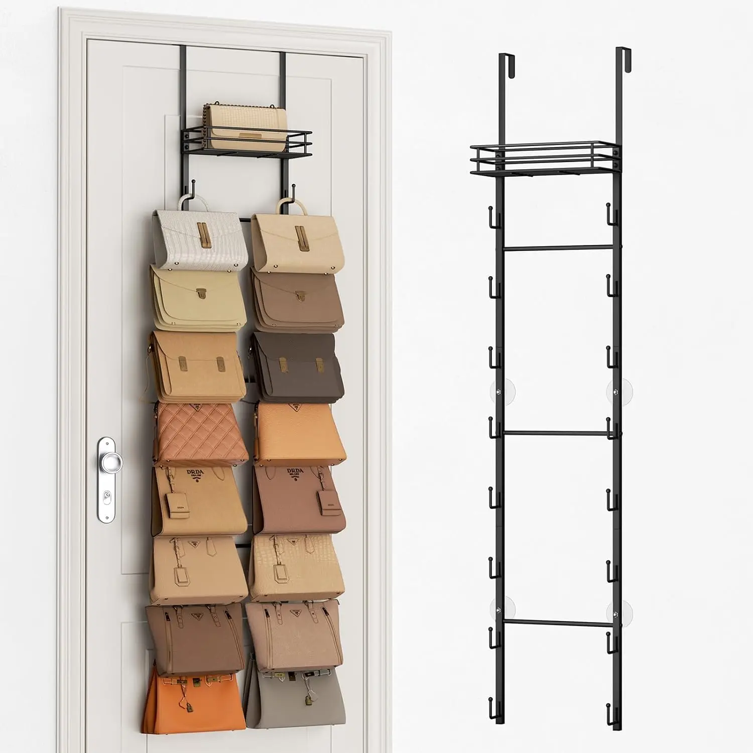 Over The Door Purse Organizer - Wall Mounted Handbag Organizer with 16 Hooks and Metal Basket,Purse Rack for Closet,Bag Rack, Handbag Rack and Hanging Purse Storage for Door,Closet