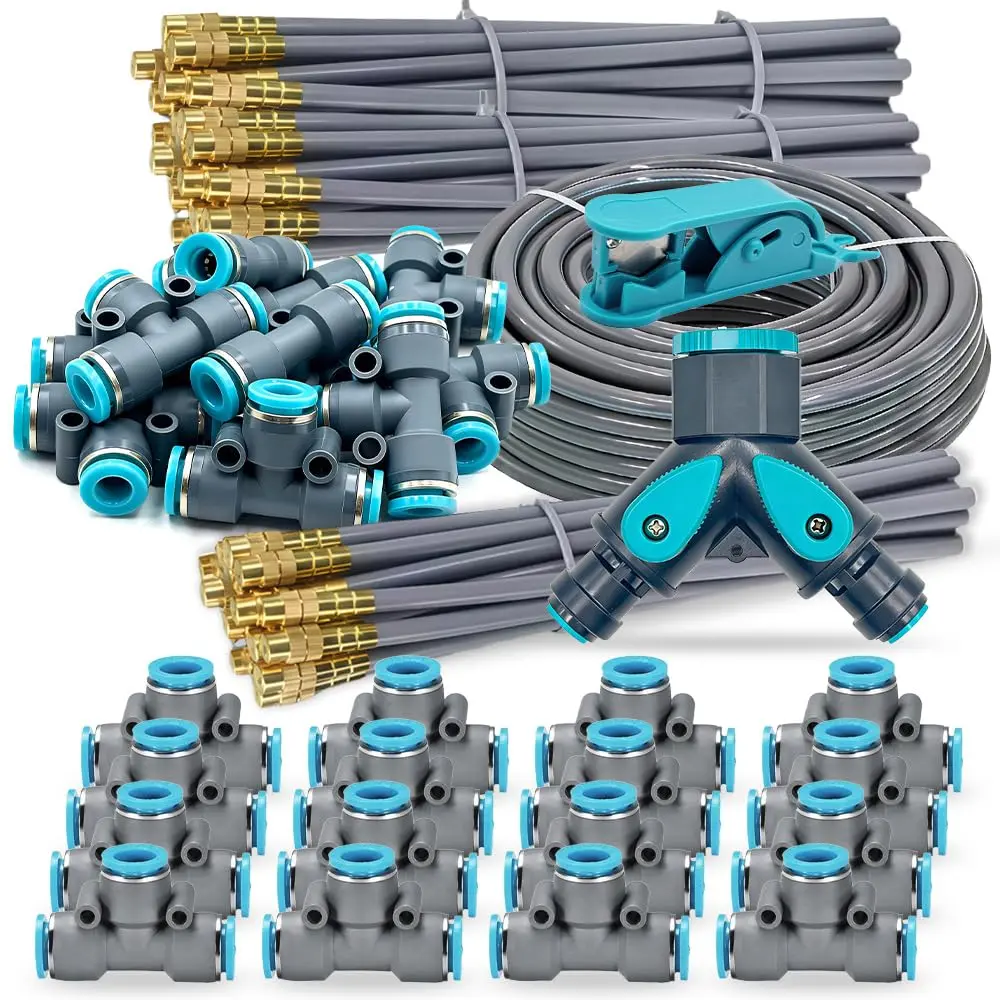 Drip Irrigation System, 100Ft 5/16 Inch Hose, 30 Adjustable Copper Nozzles, Automatic Atomizing Watering Kit for Greenhouse, Outdoor, Raised Bed, Lawn