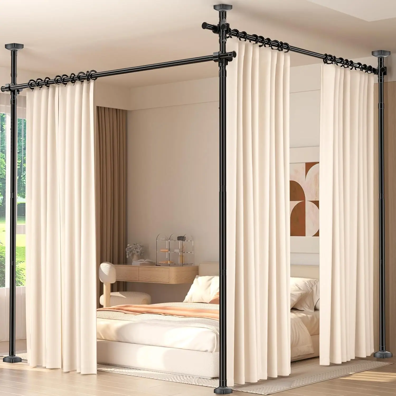 Room Divider for Room Separation,4-10ft(H) 28-140inch(W) Adjustable Temporary Privacy Wall Divider, Tension Curtain Rods No Drilling, Heavy Duty Partition Space Separator Freestanding,Black