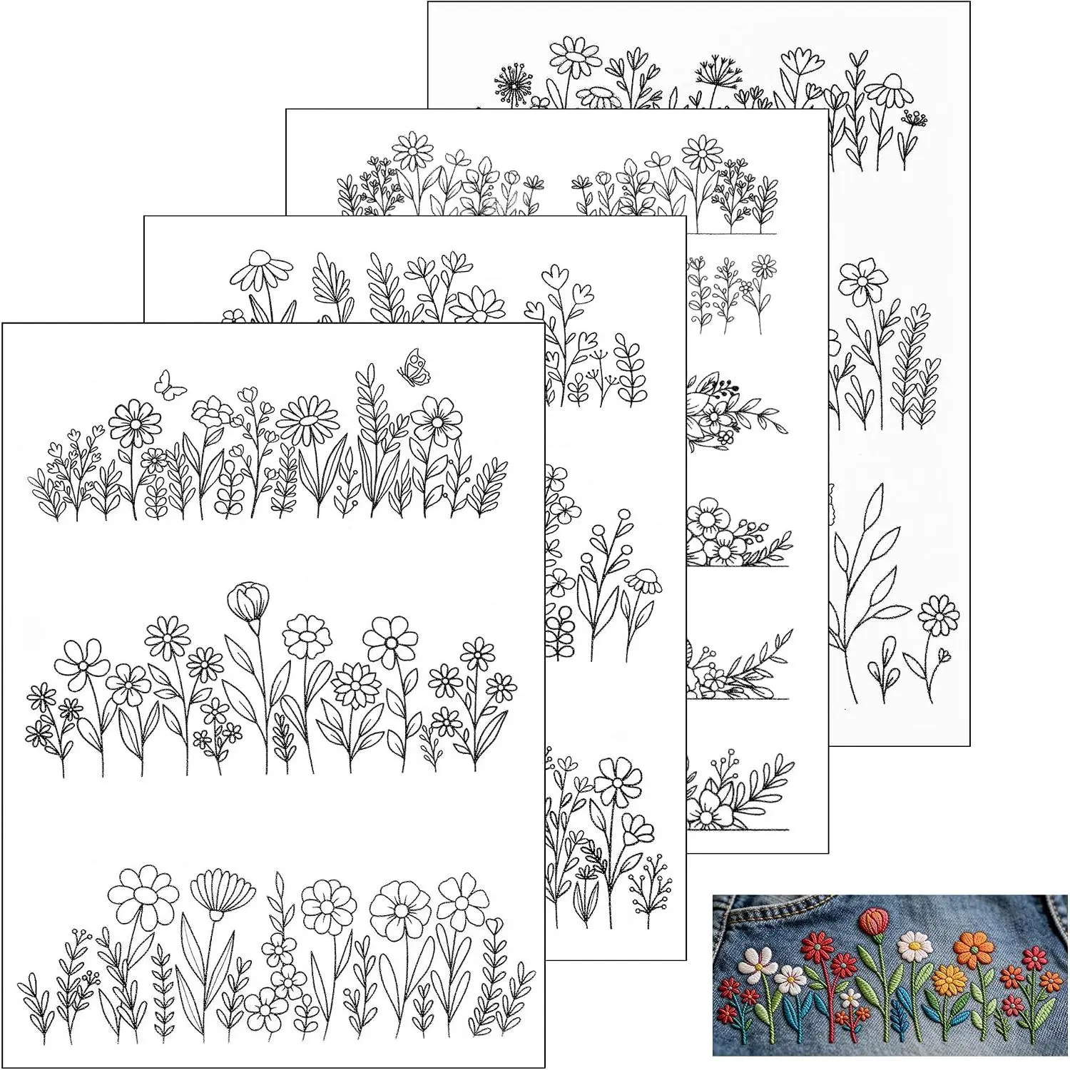 4 count Water Soluble Embroidery Patterns, Wash  Transfer Stickers | Stick and  Embroidery Paper Sheets with Daisy, Flower & Butterfly Designs