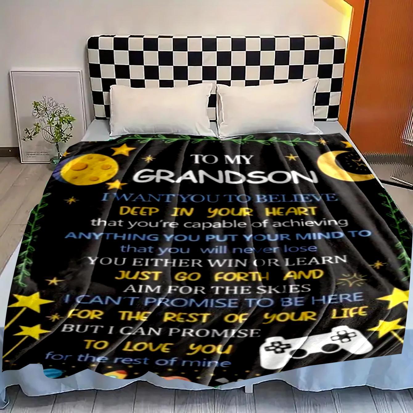 Letter To Grandson Pattern Flannel Blanket, Custom Flannel Blanket, 1 Count Soft Warm Throw Blanket, Air-conditioned Room Blanket, Warm Nap Blanket for Home Office Travel, Slogan Print Blanket, Inspirational Blanket