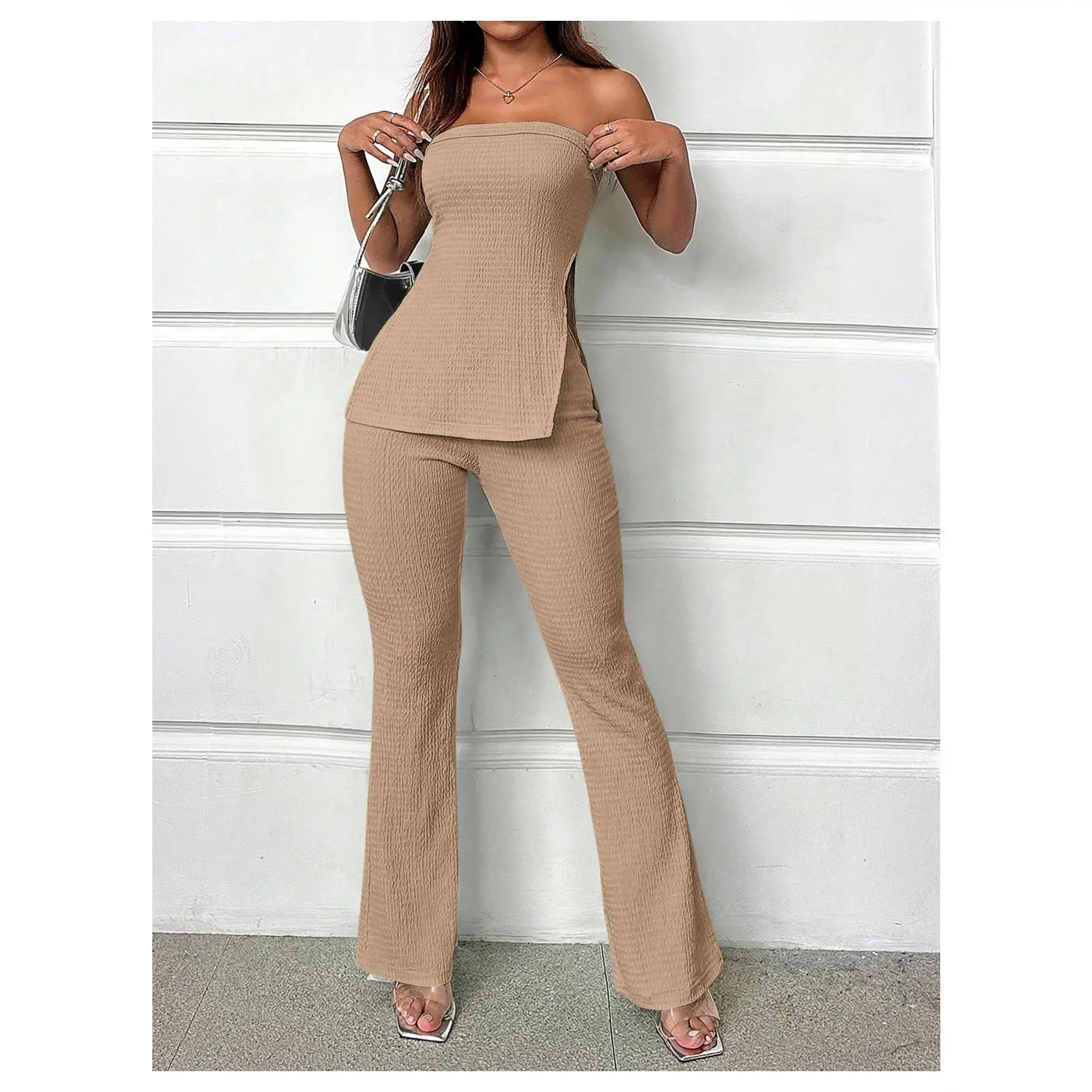 Two Piece Outfits Pants Set Going Out Vacation Strapless Tube Top and High Waisted Wide Leg Pants