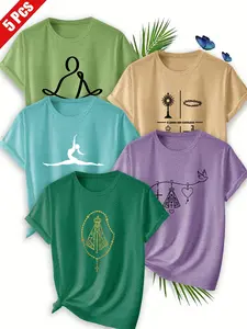5Pcs Women Heather Crew Tee, Yoga Catholic Minimal Line Print, multi-color, washable, soft spring summer top