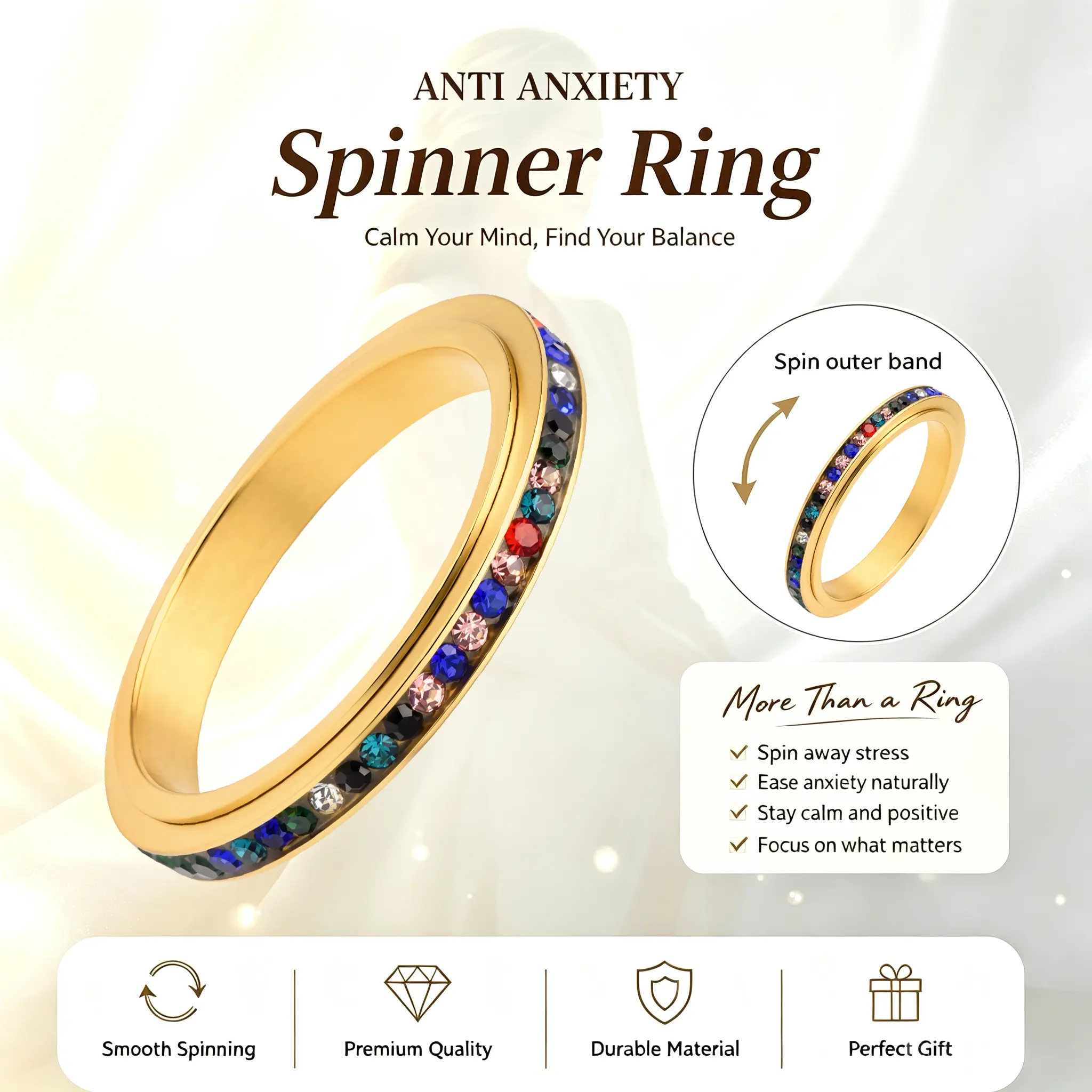New Unisex European-American Titanium Steel Rotatable Stress-Relief Rings - Ray-Shaped Design, Cubic Zirconia Inlay, Suitable for Engagement, Aids Stress Relief & Mind-Body Relaxation, Enhances Fortune
