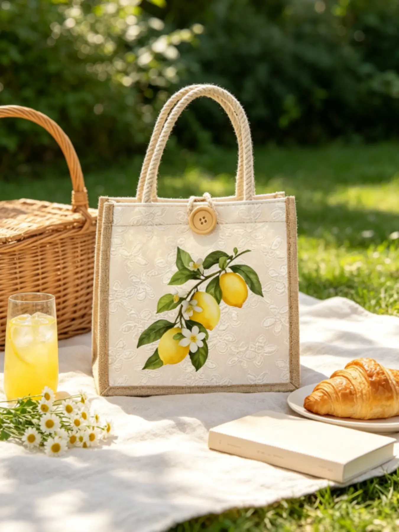 Summer Lemon Floral Print Linen Tote Bag, Reusable Lemon Pattern Jacquard Linen Tote, Ideal for Daily Commute and Beach Vacation, Perfect Summer Gift