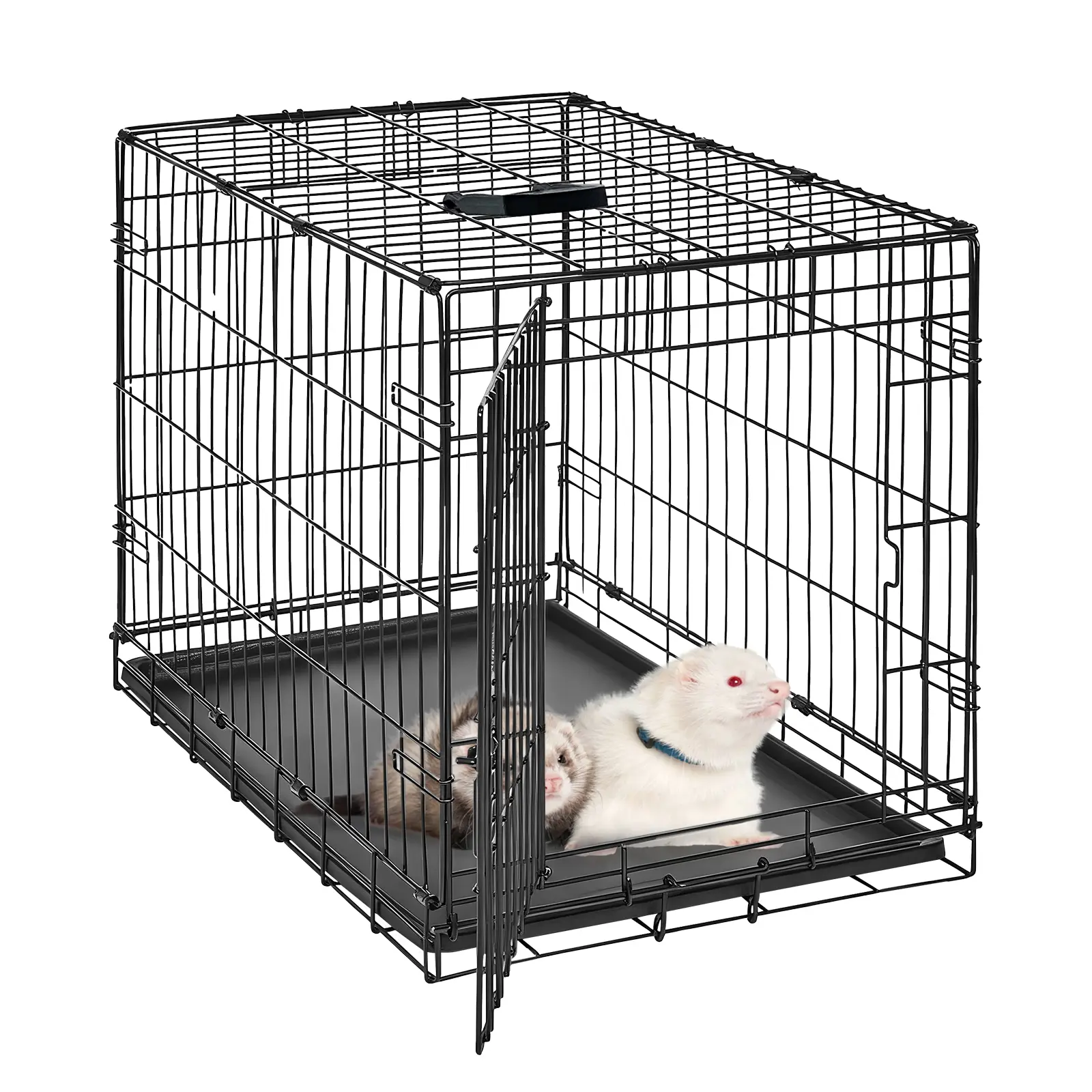 Folding Portable Metal Small Animal Cage/Crate - Top & Front Double Doors, Slide-Out Removable Tray, Indoor/Outdoor Carrier for Small Dogs/Cats/Rabbits/Ferrets/Chinchillas/Rats