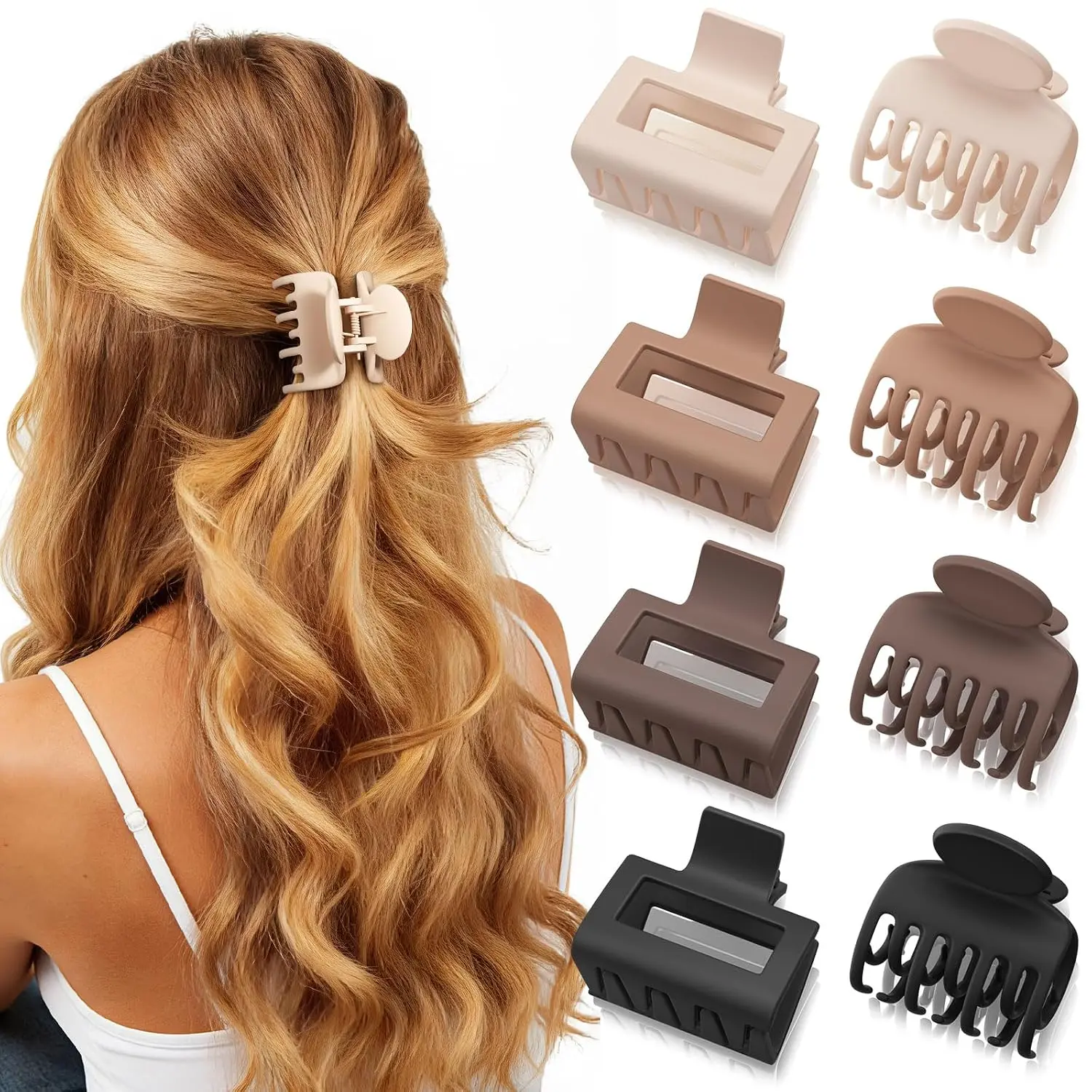 8 count Medium Hair Clips for Women Girls - 2 Styles Rectangle and Double Row  Small Claw Clips for Thin Fine Thick Hair, Matte Non-slip  Hold Jaw Clips Hair Accessories, Neutral