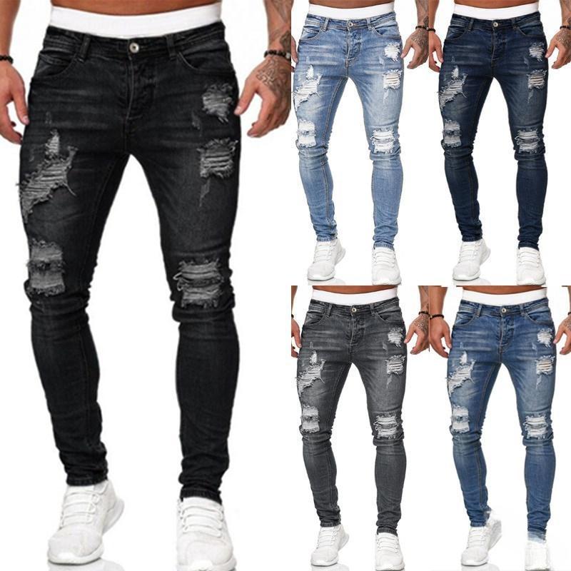 Men’S Casual Slim-Fit Denim For Streetwear Fans Suitable For Daily Wear And City Use Medium Elasticity Medium Weight Soft And Comfortable With A Distressed Look Men’S Solid-Color Multicolor High Street Low Rise jeans