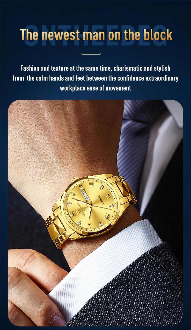 Men's Luxury Gold Tone Quartz Watch - Stainless Steel Wristwatch with Day & Date Calendar, Crystal Diamond Accents, Roman Numerals, Elegant Business Dress Watch, Perfect Gift for Husband Dad