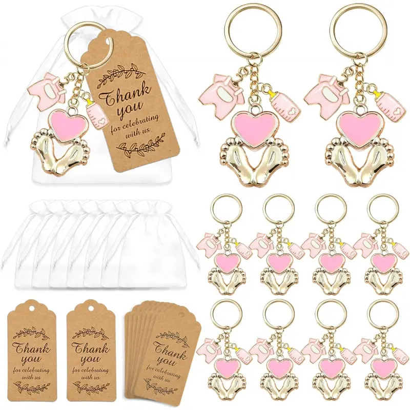 12 Sets Baby Shower Favors for Girl Pink Footprint Keychains Gifts with Bottle Baby Clothes White Organza Bags and Thank You Tags for It's a Girl Decorations Party Supplies Key Chain Kit