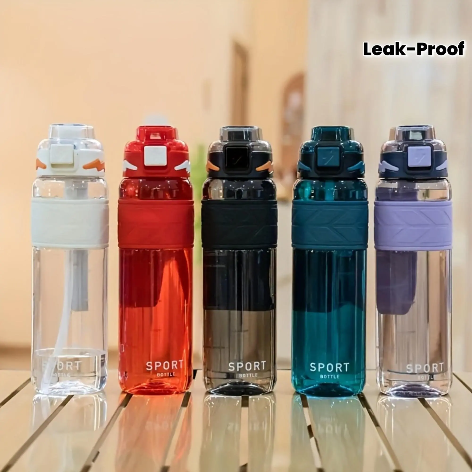 1pc large-capacity (750-1000ml) transparent plastic water bottle with lid, straw and cord. Portable, leak-proof, multi-colored, ideal for sports, trips or as a festival gift.