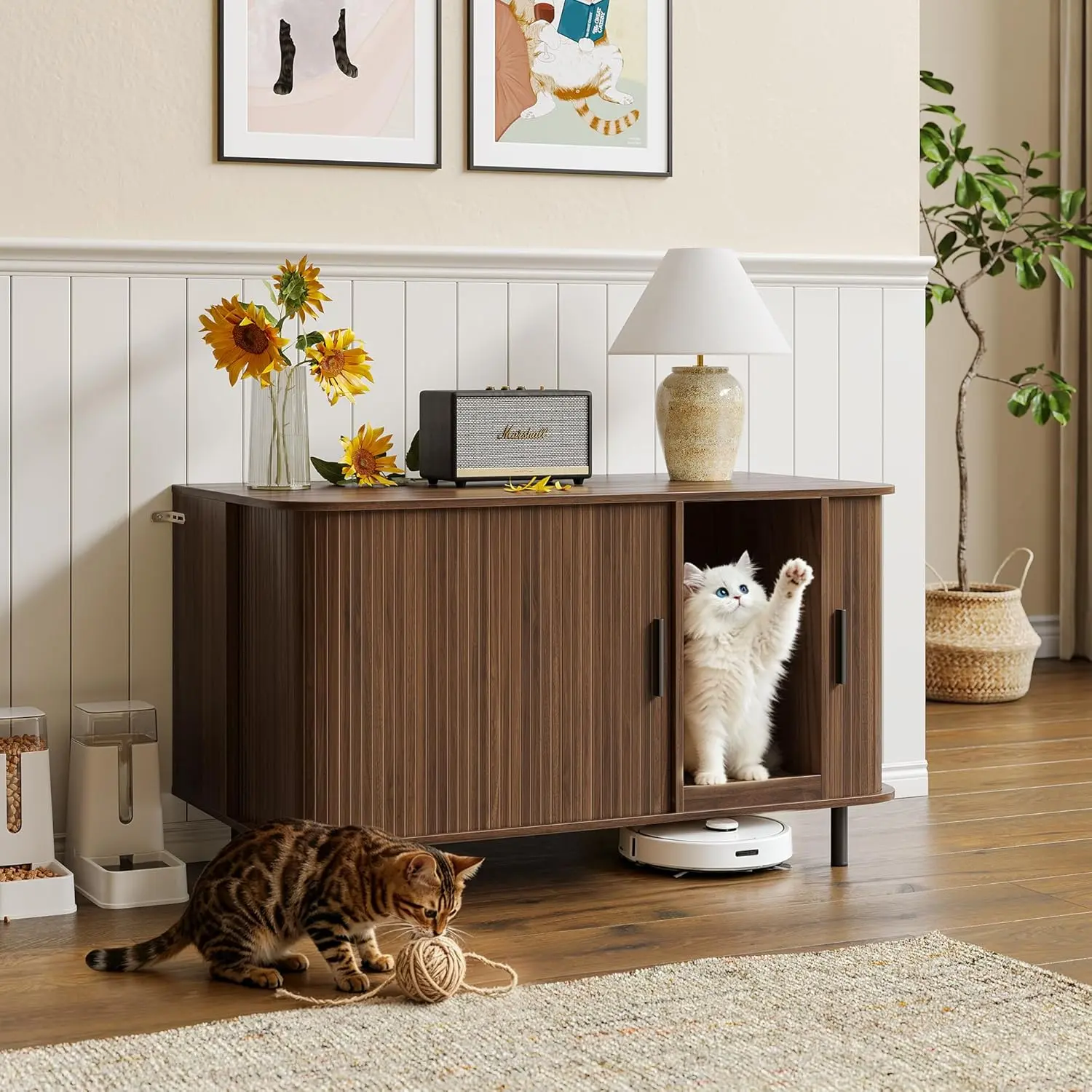 37.4" Cat Litter Box Enclosure with Cat Scratch Pad, Tambour Sliding Door, Modern Hidden Litter Box Enclosure Furniture, Indoor Cat House TV Stand End Table for Living Room, Entryway, Bedroom, Walnut