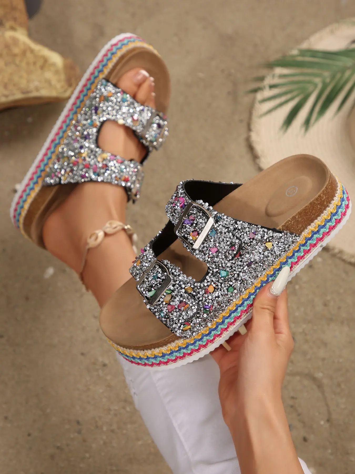 Glitter Flip Flops, Adjustable Buckle, Thick Sole, Rainbow Color Block, Lightweight, Summer Beach Shoes, Women's Casual Sandals