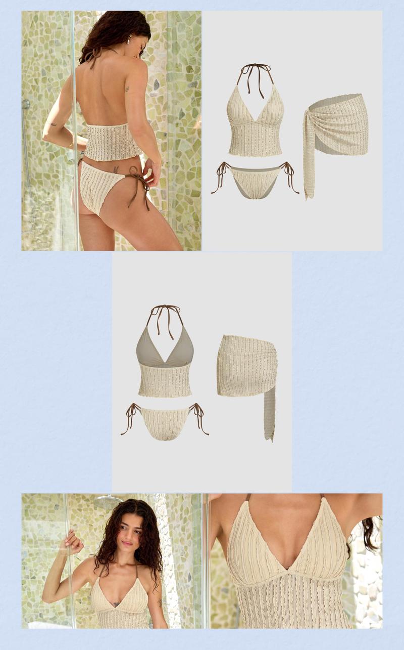 Cider Texture Halter Neckline Lettuce Trim Knotted Tankini Tie Side Bikini Set With Sarong
