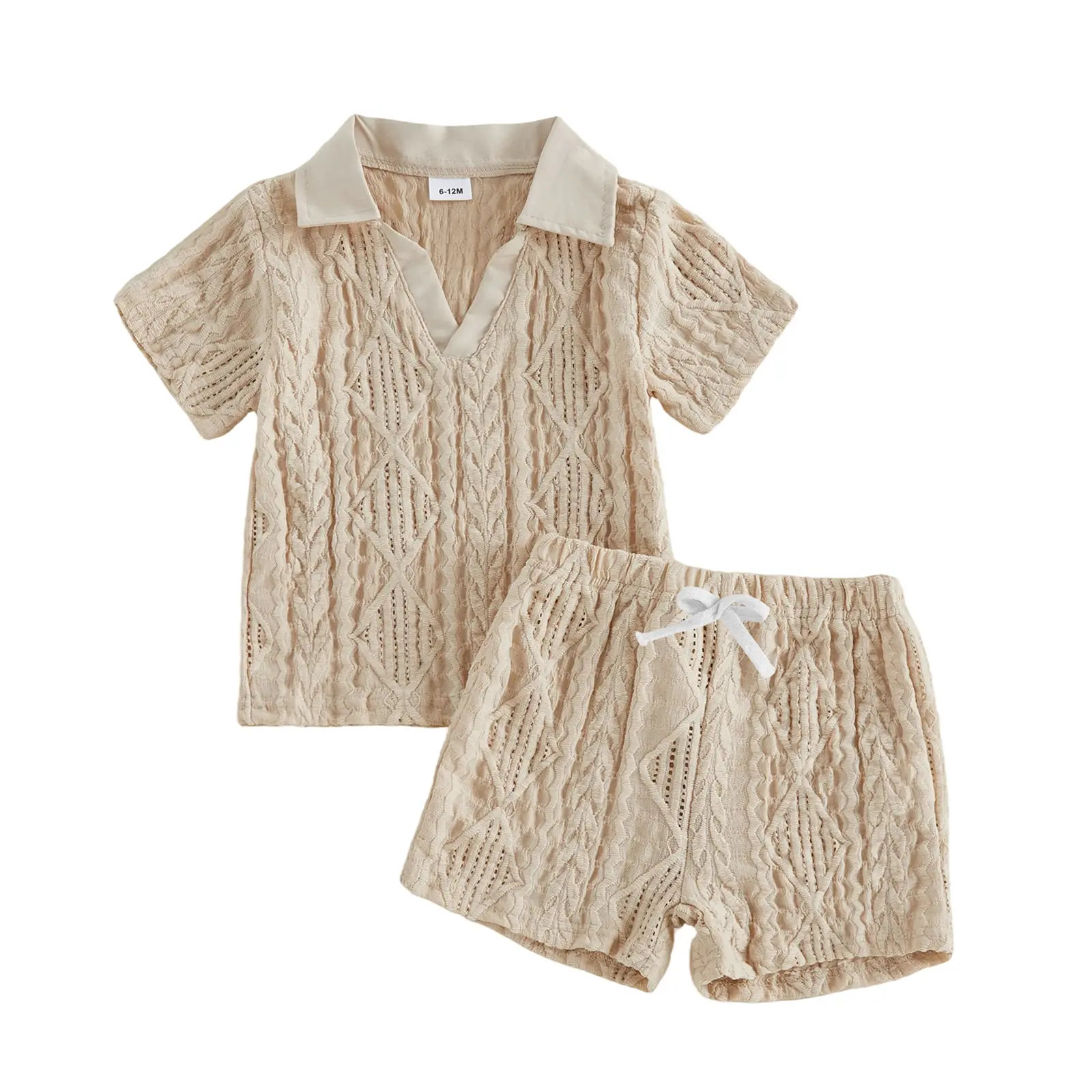Toddler Baby Boy Summer Shorts Set, Light Blue Textured Cable Knit Short Sleeve Polo Collar V-Neck Shirt and Drawstring Shorts 2 Piece Outfit