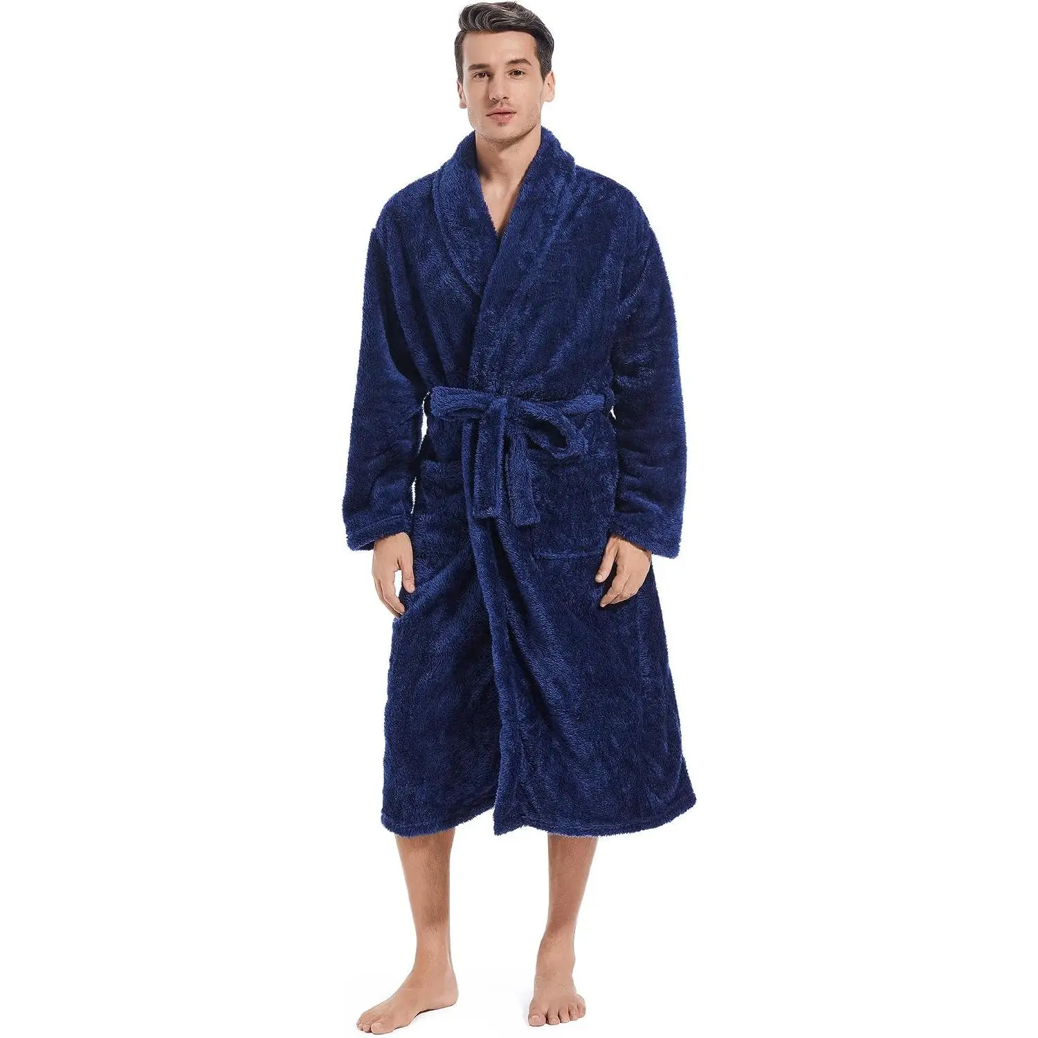 Men's Plush Fleece Long Robe - Full Length, Highly Absorbent, Fuzzy Texture Warm Wear Bathrobe for Males with Pockets (Spa Use)
