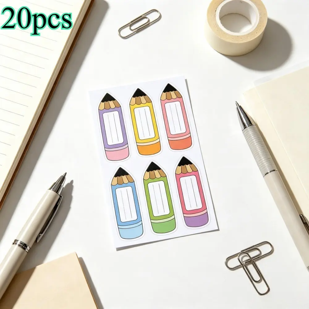 Office Stationery and Supplies Cartoon Pencil Name Stickers 20 sheets Mixed Color Blank Word Stickers Stationery Stickers Paper
