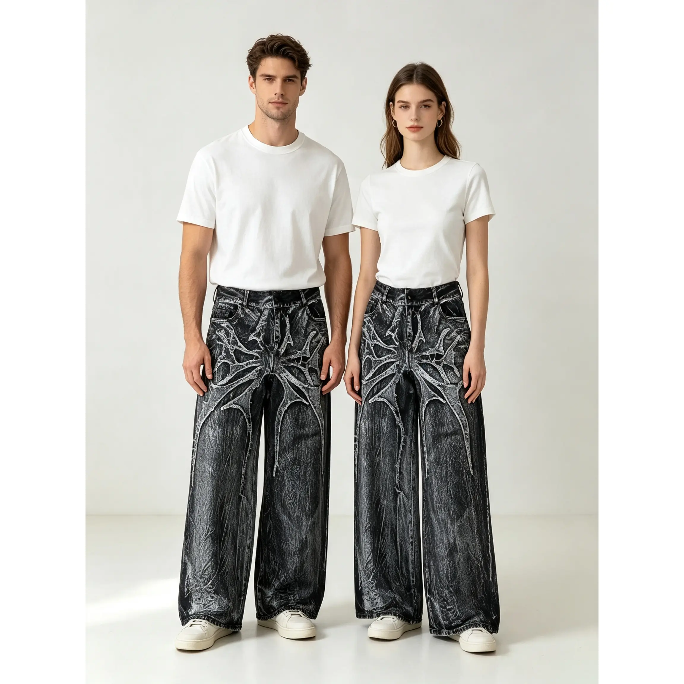 Spider Embroidered Patchwork Wide Leg Jeans| Gothic Oversized Baggy Denim Pants for Men & Women| High Street Vintage Punk Streetwear Trousers Black Menswear