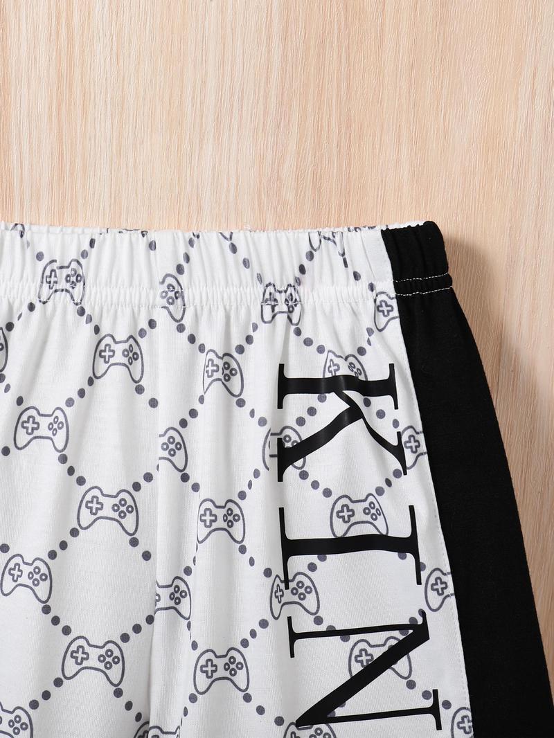 Two-piece Set Boy's All Over Game Console Letter Print Side Stripe Tee & Shorts Set, Casual Short Sleeve T-shirt & Elastic Waist Shorts, Summer Outfits Clothes for Kids