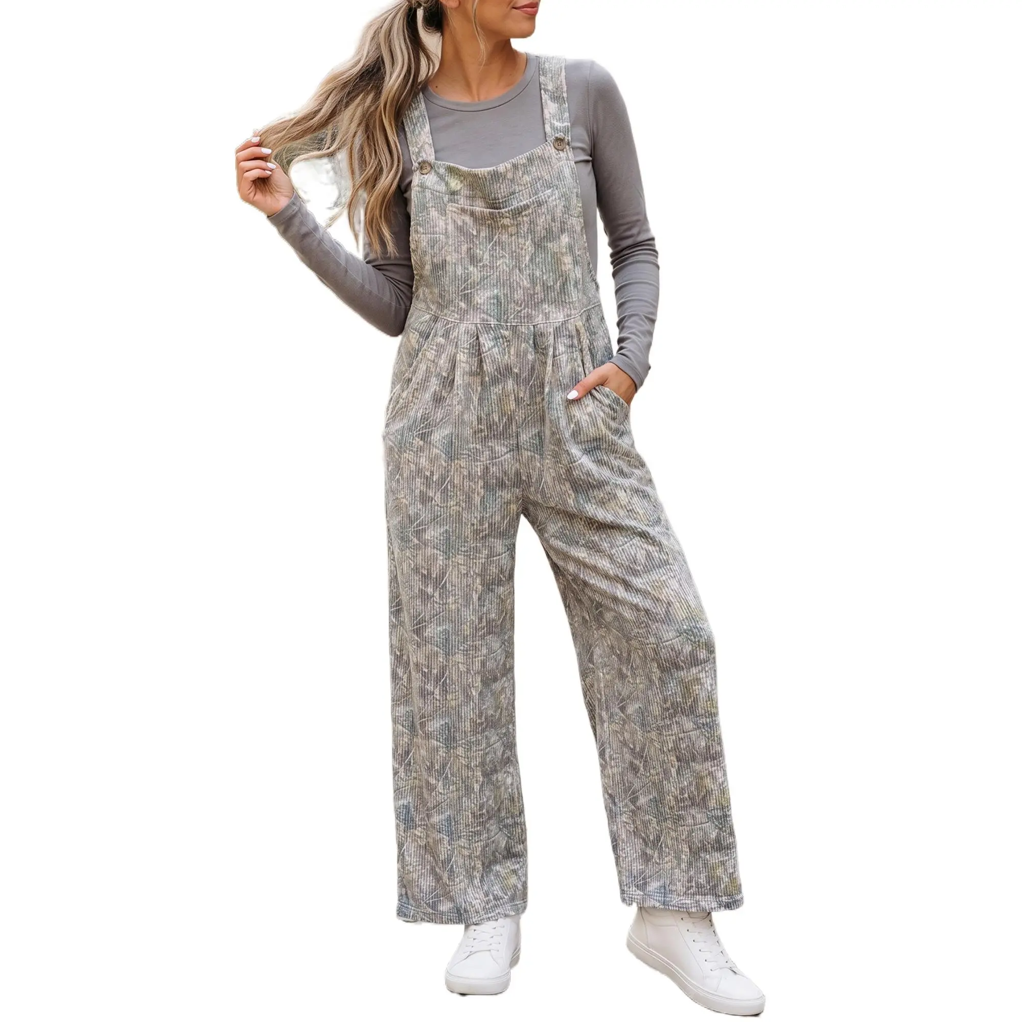 Autumn Camo Bib Overalls, Comfortable Daily Casual Jumpsuit