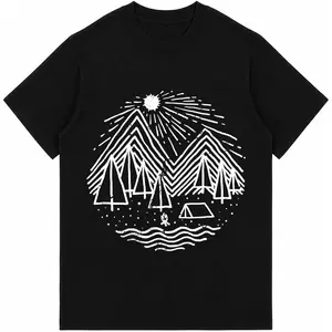 Mountain Camping Lake Trees Sun Graphic Short Sleeve T-Shirt for Outdoor Enthusiasts
