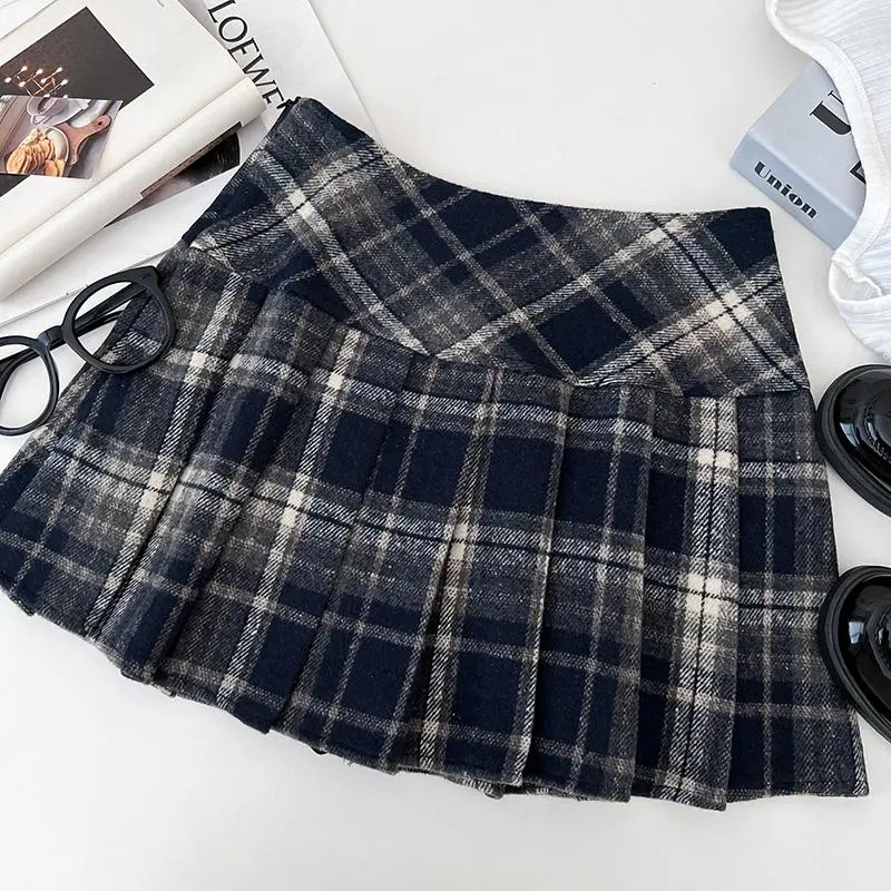 Fall Winter Plaid Pleated Skirt Womens Thick Woolen Red Tartan Mini Skirt Classic Saia Feminina Christmas Outfit