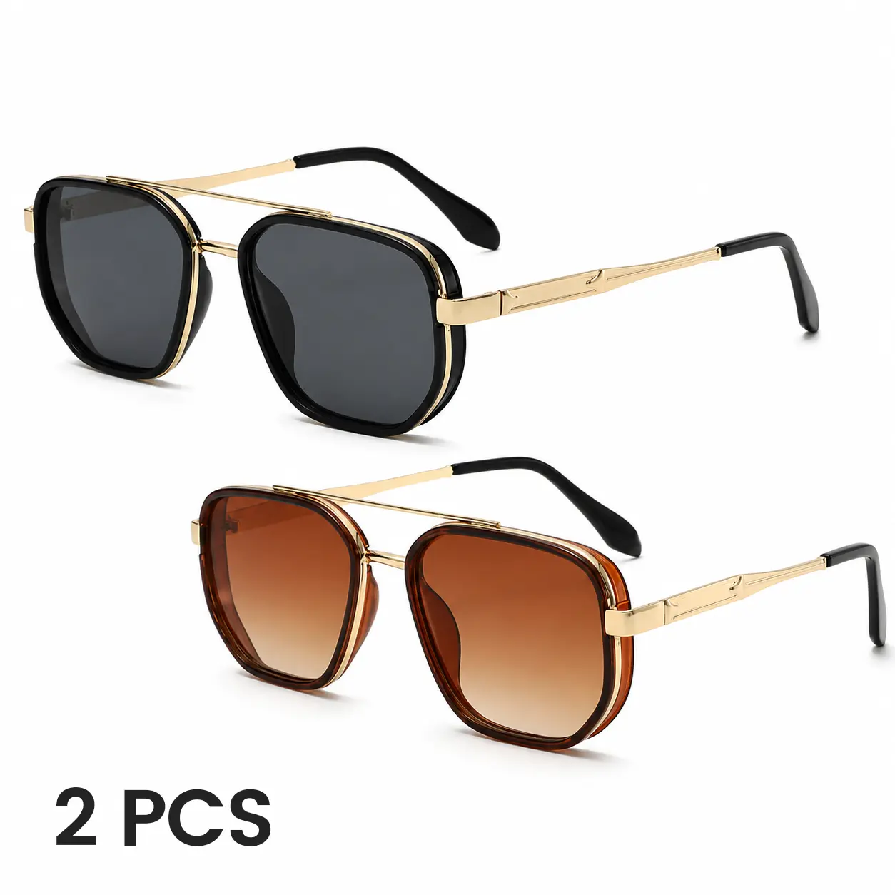Vintage Luxury Retro Aviator Sunglasses for Women - Gold Double Bridge Large Size Statement Frame Metal UV400 Shades for Driving, Travel, Vintage Sunglasses, Luxury Sunglasses