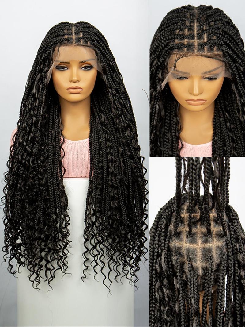 33 Inch Black Full Lace Front Box Braided Wig with Curly Hair Distressed Knotless Braided Wigs for Women, Synthetic Braided Lace Wigs for Party, Daily Use, Wigs That Look Like Real Hair, Kinky Curly Wigs 33 Inch Black Full Lace Front Box Braided Wig with Curly Hair Distressed Knotless Braided Wigs for Women, Synthetic Braided Lace Wigs for Party, Daily Use, Wigs That Look Like Real Hair, Kinky Curly Wigs