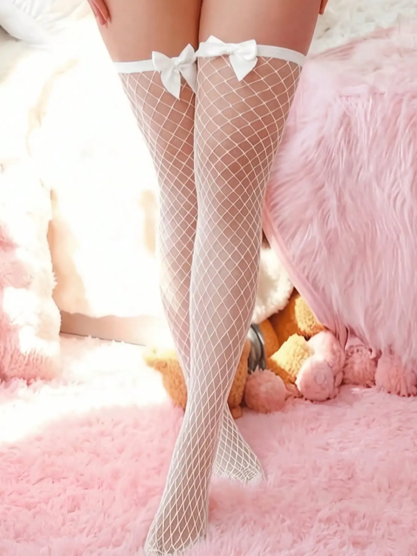 Women's Bow Decorated Fishnet Over-The-Knee Stockings, Sexy and Versatile, Fitted Design, Plain Surface, Unlined, Batch Number 202610