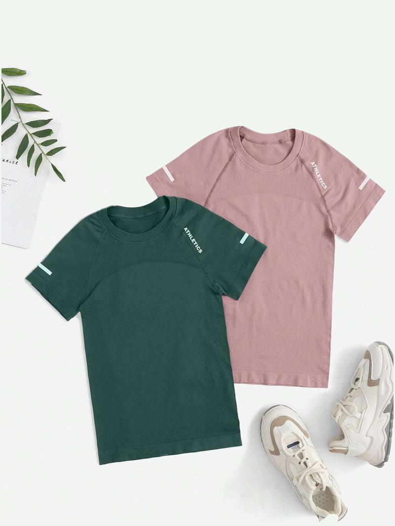 Women's 2pcs Letter Print Raglan Sleeve Sports Tee, Round Neck Short Sleeve T-Shirt for Yoga Gym Workout Running, Ladies Sportswear for All Seasons, Athletic Yoga Shirts