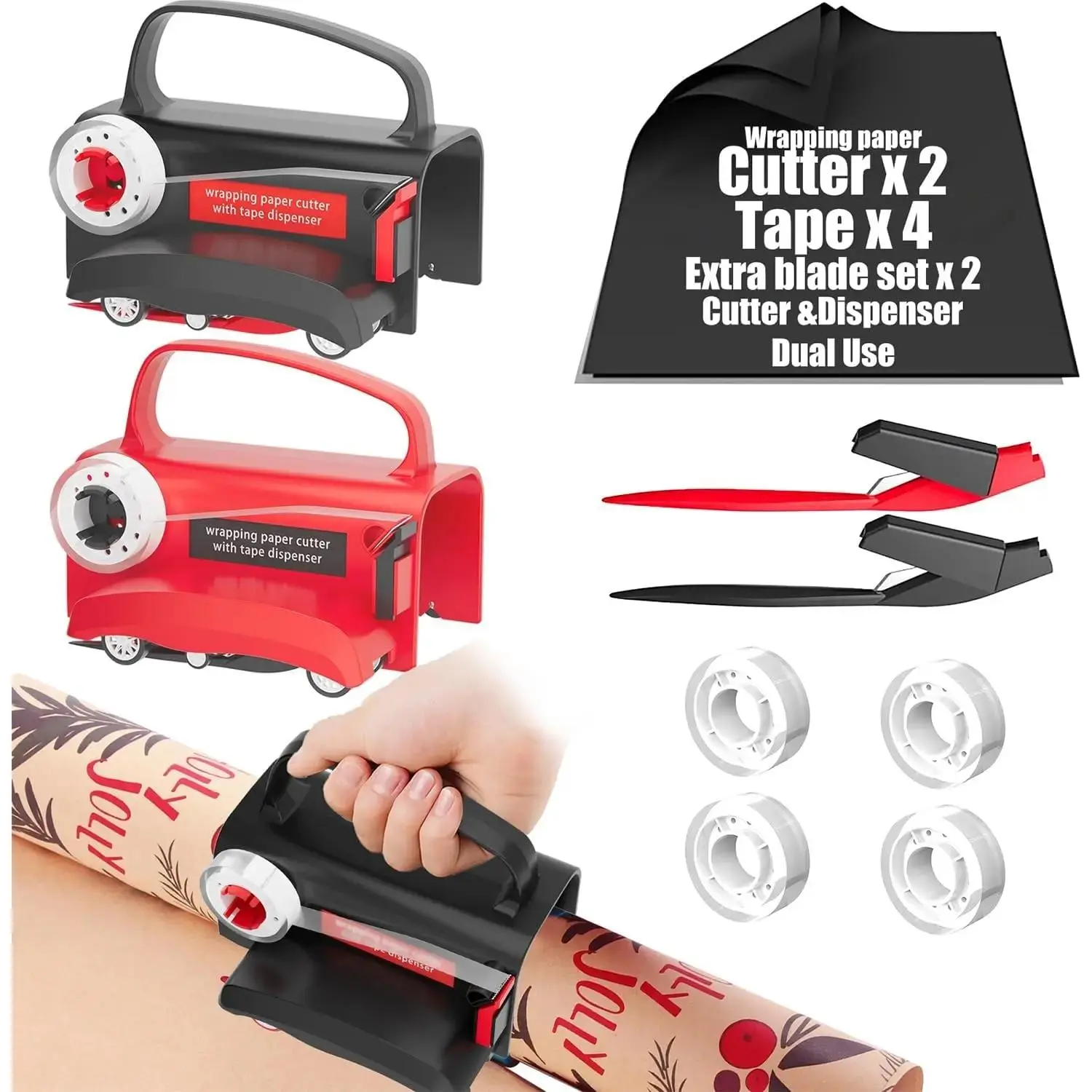Sugoiti 2-Pack All-In-One Gift Wrapping Tool, Integrated Tape Dispenser & Wrapping Paper Cutter, Smooth Glide Cutting Tool for Holiday Gifts, Kit Includes 4 Tape Rolls & 2 Spare Blades (Black & Red)