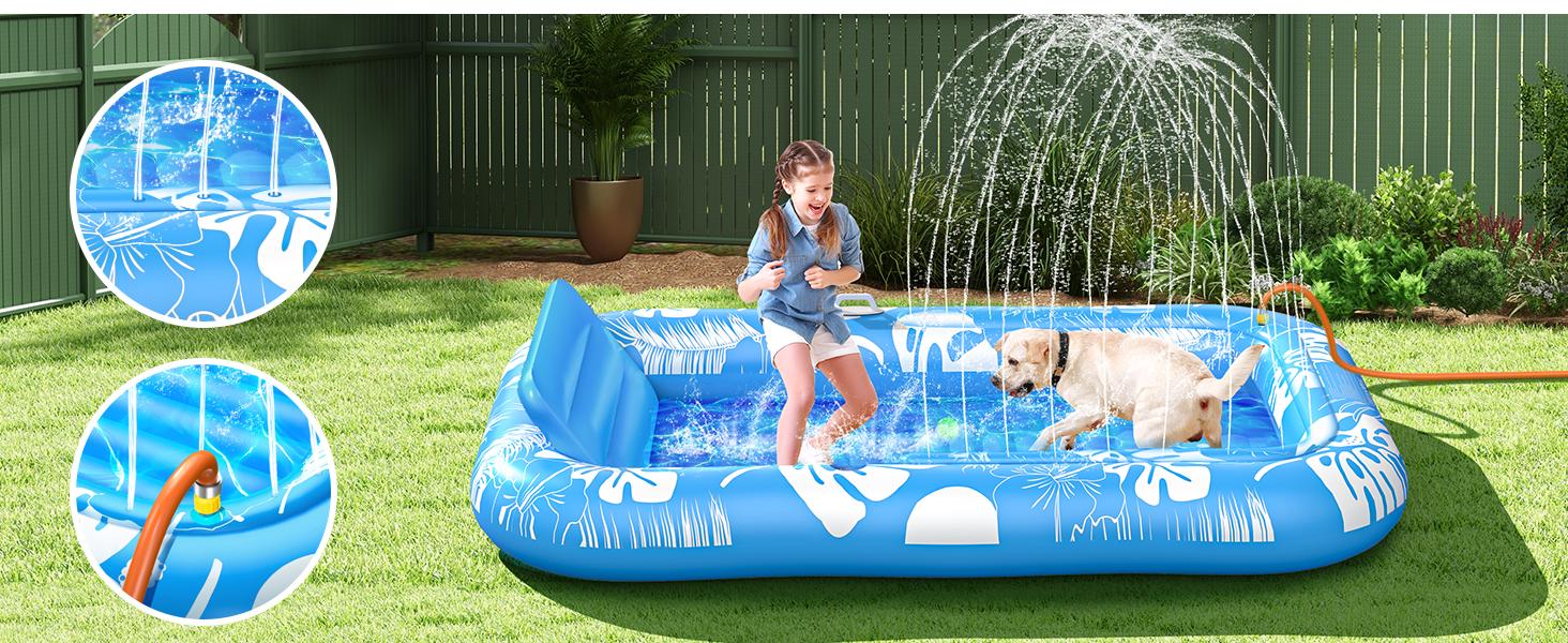 Inflatable Tanning Pool Lounger Float with Sprinkler, 77" x 48" Pool Floats Adult with Pillow, 6 in 1 Suntan Tub Raft Floatie with Drink Holder Sunbathing Water Lounge, kids play, splash pads