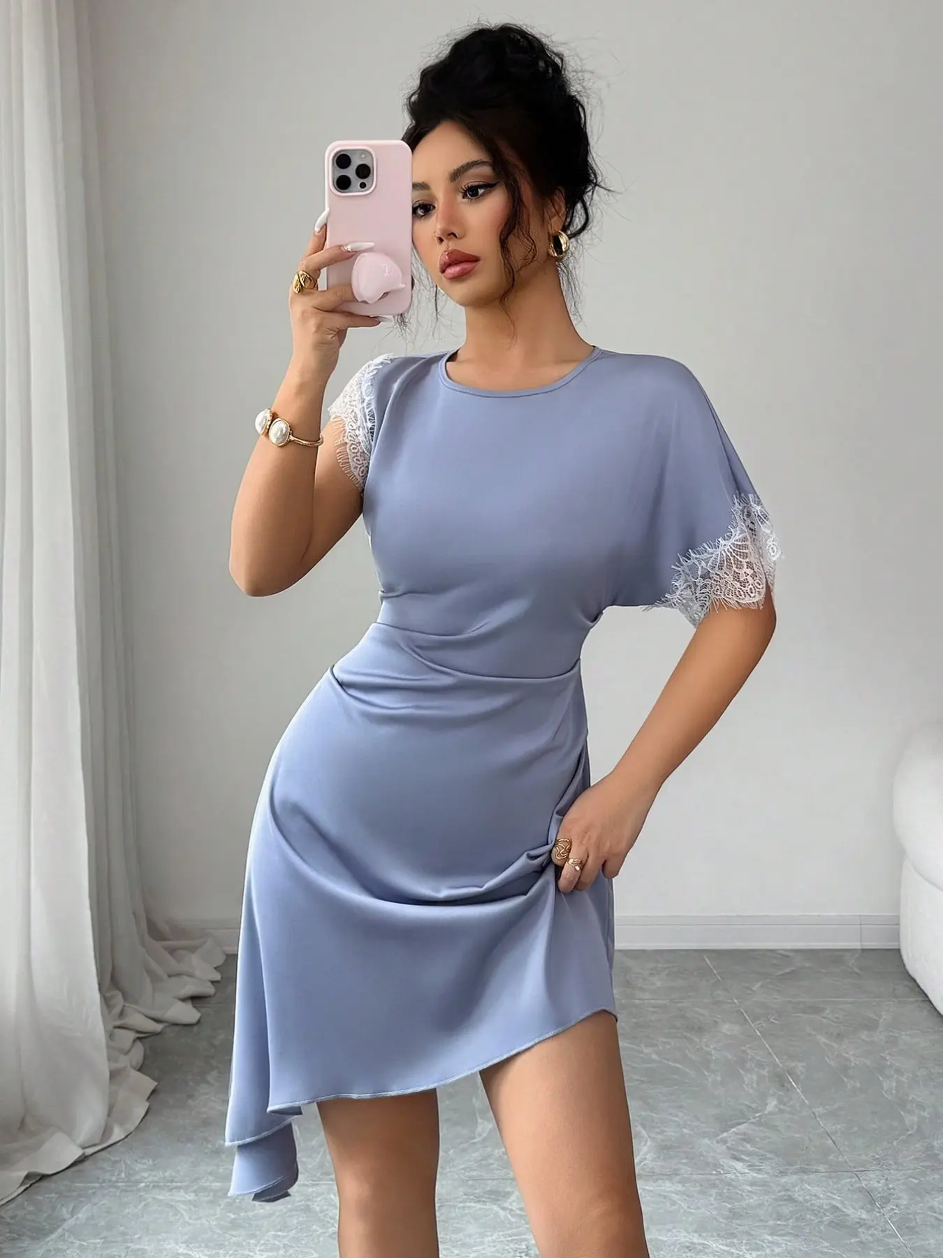 French Smooth Satin Round Neck Lace Flutter Sleeve Short Dress, Slim Fit Pleated Irregular Elegant Dress, Women's Fashion Clothing Elegance