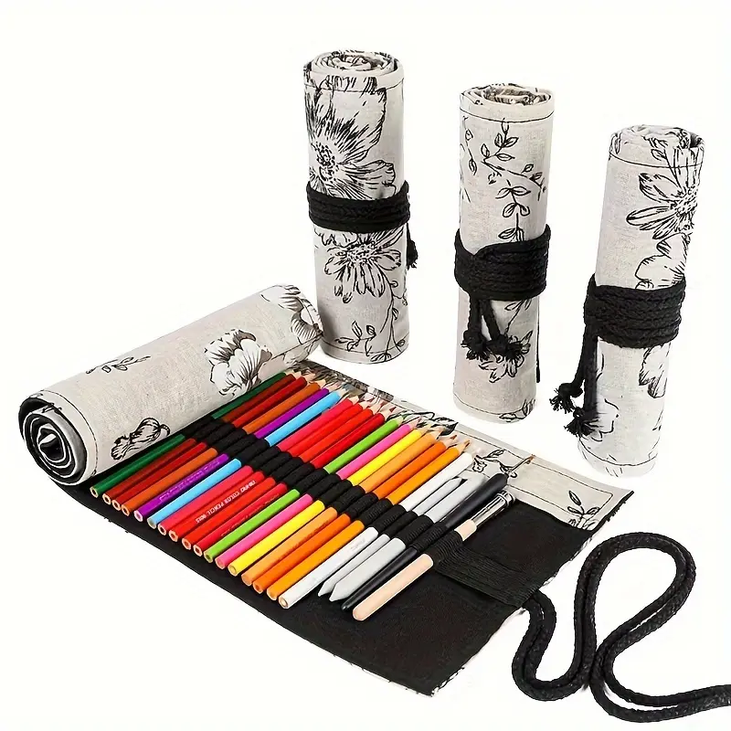 Roll‑Up Pencil Case Curtain, Creative Handmade Black Peony Japanese Style Pencil Roll Holder, 12/24/36/48/72 Holes Large Capacity Pencil Organizer, Portable Sketch Colored Pencil Storage Pouch for Drawing Painting Art Supplies, Multi‑Hole Ro,mu,adj,,craft