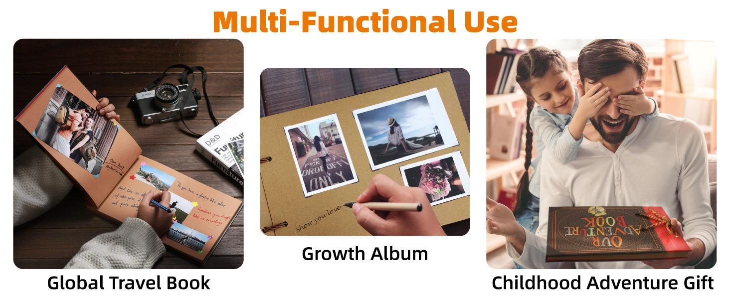 Scrapbook Photo Album,Our Adventure Book, Embossed Words Hard Cover Movie Up Travel Scrapbook for Anniversary, Wedding, Travelling, Baby Shower, etc (Adventure Book)