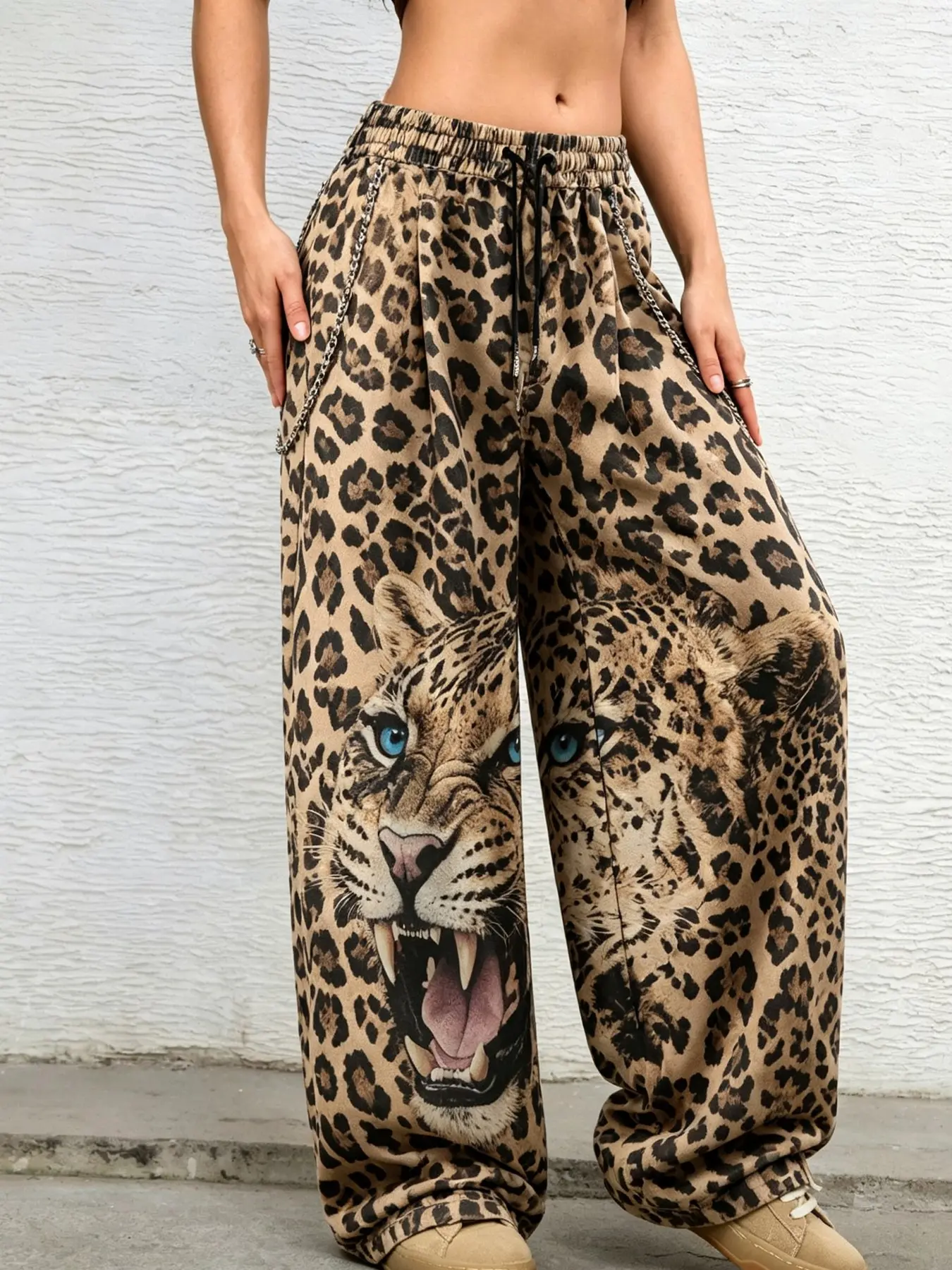 Halloween Leopard Print Wide Leg Sweatpants Unisex Streetwear Trousers, Roaring Leopard Graphic Elastic Drawstring Casual Pants, Gothic Hip Hop Baggy Long Pants, Couple Outfit, Gift For Men Women, Party Club Daily Spooky Season Street Outfit