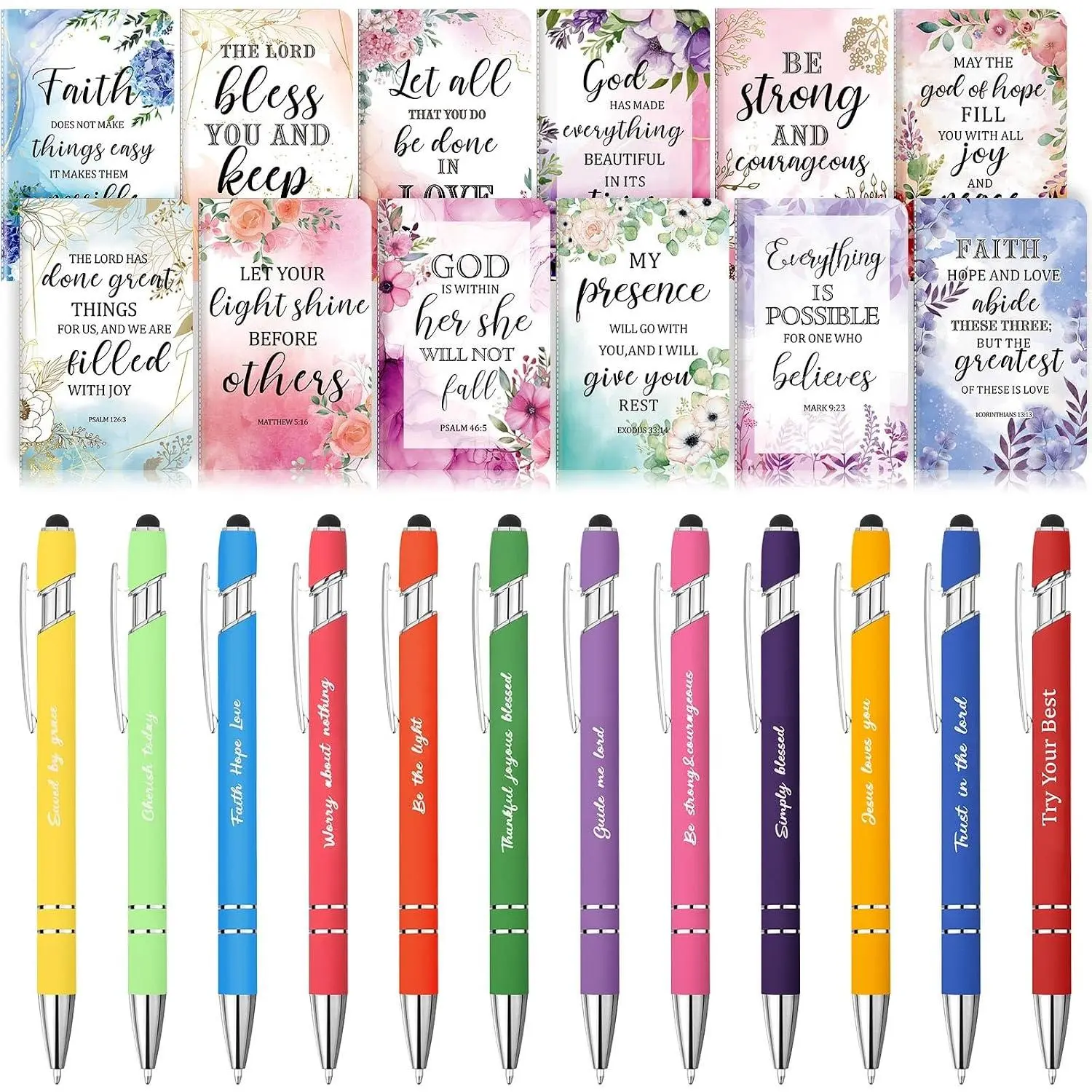 24-Count Bulk Christian Floral Print Pocket-Size Paper Cover Notebooks & Modern Ballpoint Pens Set - Inspirational Scripture Quotes, Motivation Boost Gifts for Church Staff