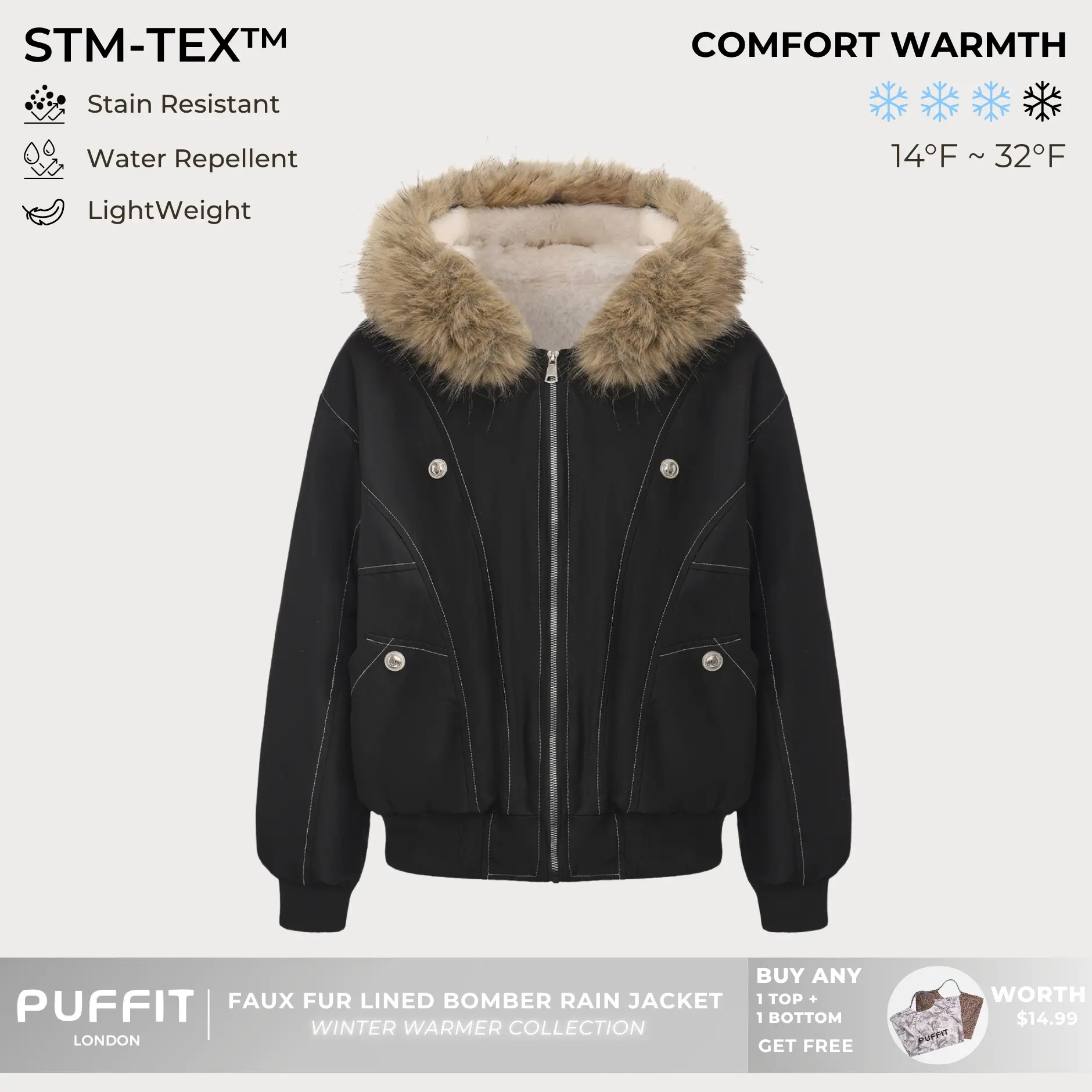 PUFFIT STM-TEX Faux Fur Lined Waterproof Bomber Jacket With Faux Fur Collar Hood,Elegant And Sophisticated,Enhances Warmth,Soft And Warm,Style And Practicality,Y2K Style,Fall Winter Coat,2026 Shopping