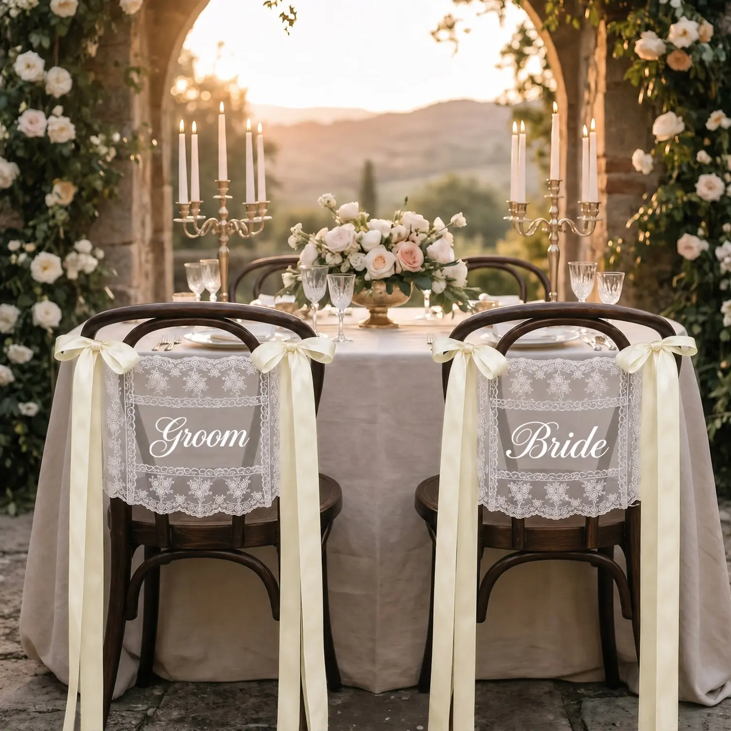 Just Married Wedding Chair Signs Set of 2, Elegant Lace Bride & Groom Chair Back Decor with Ribbon, Mr & Mrs Sweetheart Table Decoration for Wedding Ceremony Reception