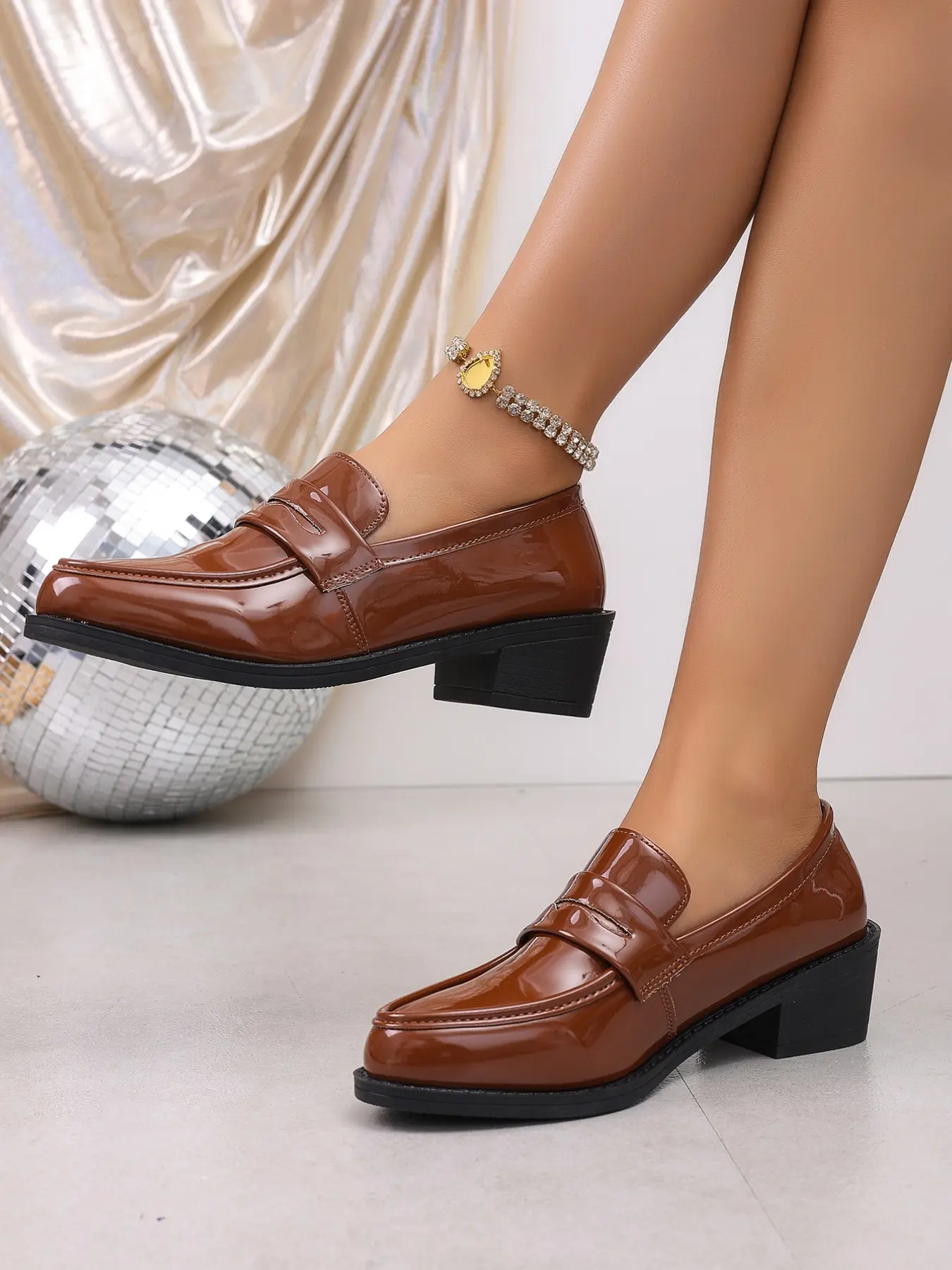 New Spring Fall Large Size Glossy PU Leather Square Toe Chunky Heel Loafers, Comfortable Mid Heel Slip-On Design, Casual Office Shoes
