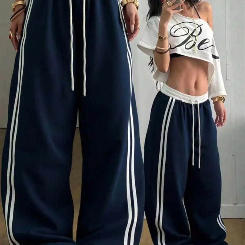 Women's Loose-Fitting Wide-Leg Sweatpants with Retro New York Print, Striped Casual Sports Pants for All Seasons, Ideal for Outings and Campus Wear, Athletic Casual Sweatpants