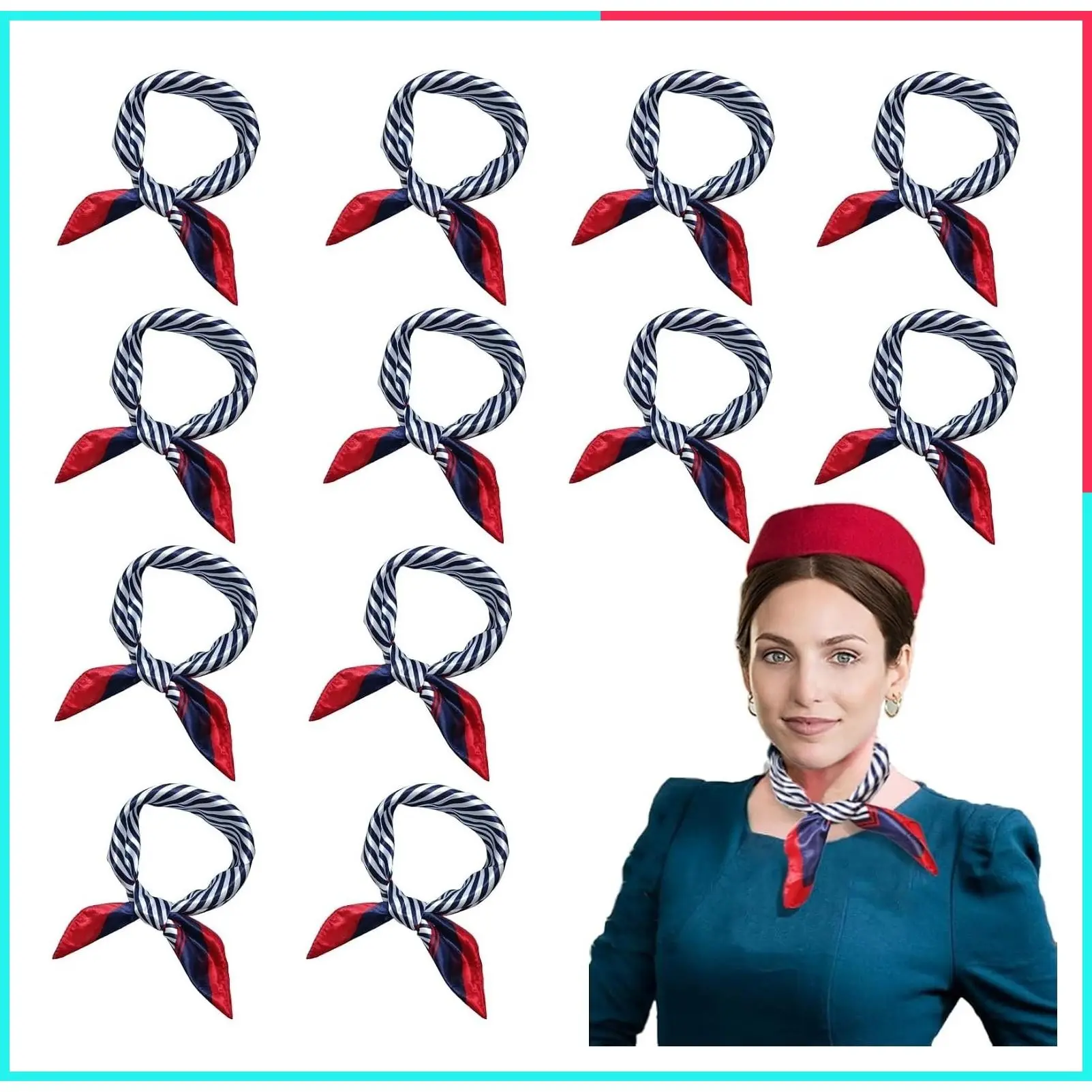 12-Piece Red White & Blue Imitation Silk Sailor Scarves for Women - Flight Attendant Stewardess Neck Scarf
